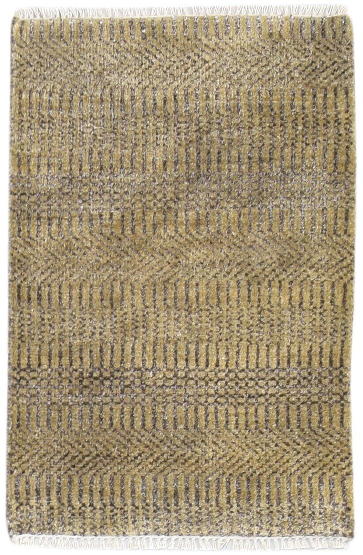 2X3 Rug Wool / Silk Beige Modern Hand Knotted Scandinavian Grass Trellis Small   7864197054613
