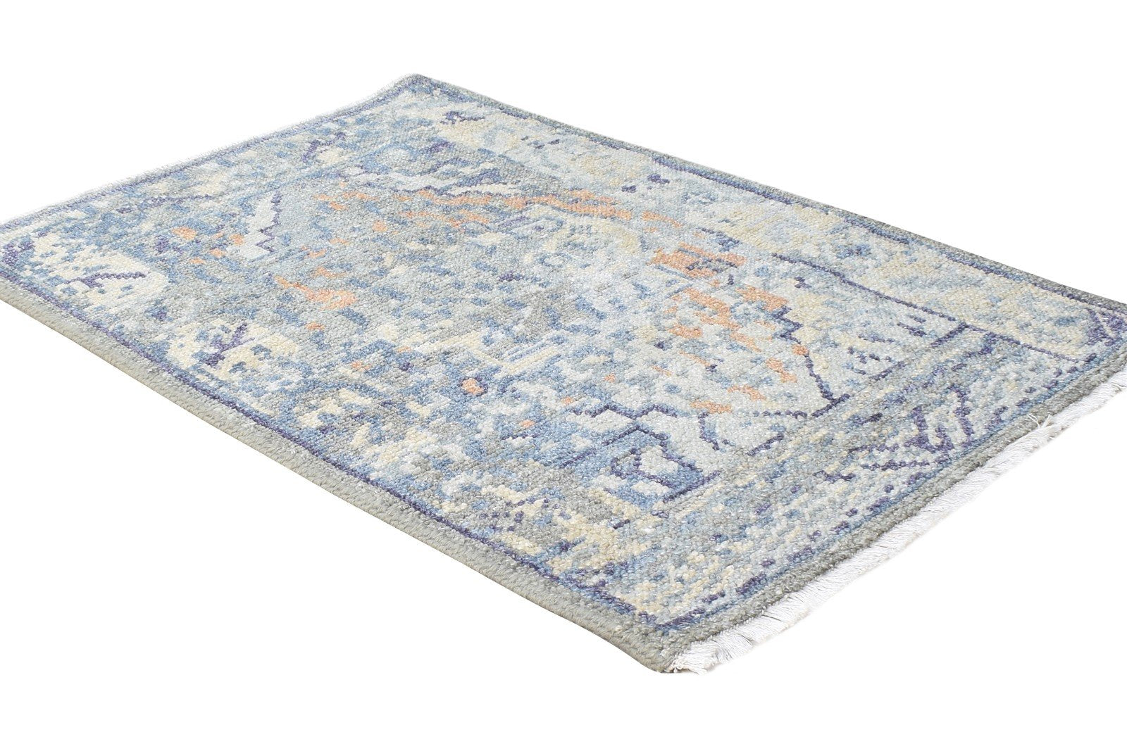 2X3 Rug Wool Silk Blue Modern Hand Knotted Heriz-Indian Abstract Small Carpet   7865144082581
