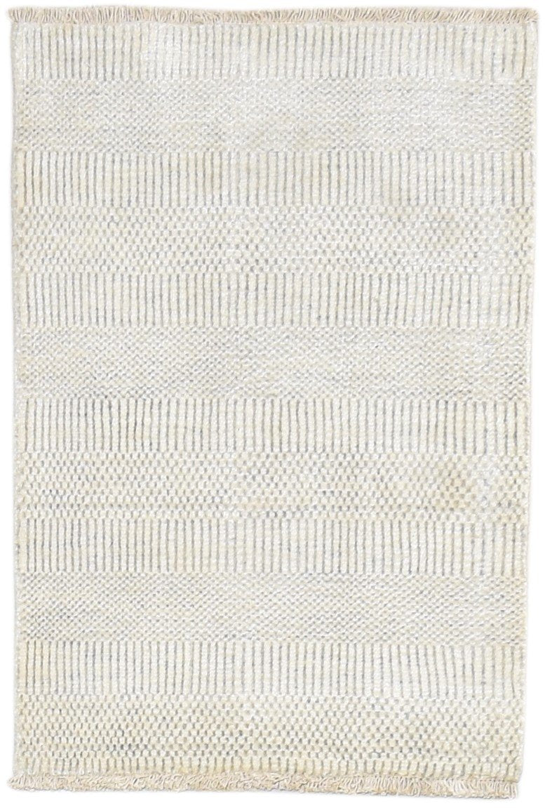 2X3 Rug Wool / Silk Cream Modern Hand Knotted Scandinavian Grass Trellis Small   7864196399253