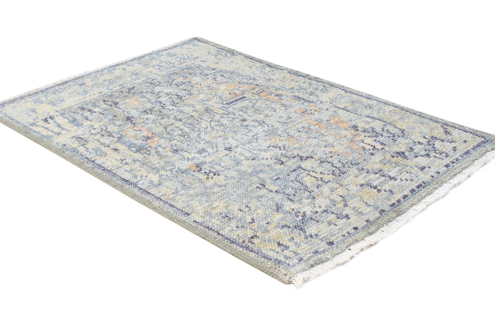 2X3 Rug Wool Silk Grey Modern Hand Knotted Heriz-Indian Abstract Small Carpet   7865143951509