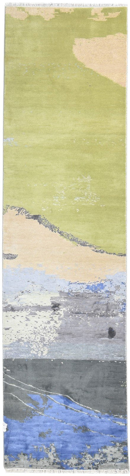 3X10 Rug Wool / Silk Green Modern Hand Knotted American Abstract Small Runner   7865148768405
