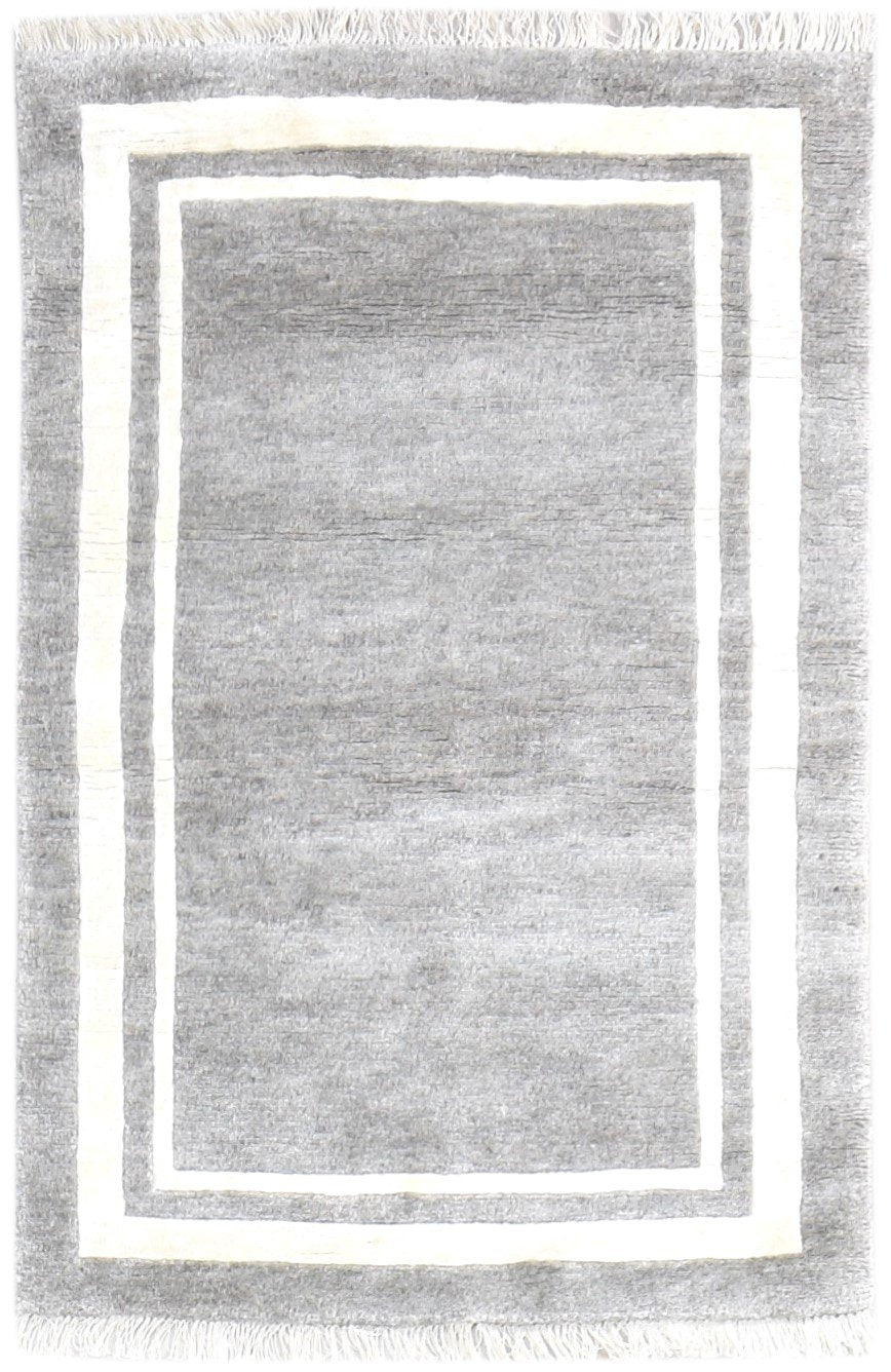 3X4 Rug Wool / Silk Grey Modern Hand Knotted Scandinavian Bordered Small Carpet   7865142214805