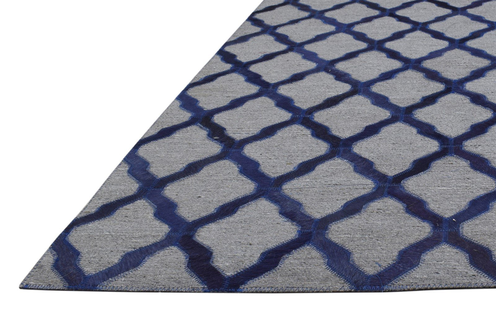 3X9 Rug Leather / Cotton Blue Modern Hand Woven Moroccan Trellis Room Size   7864434884757
