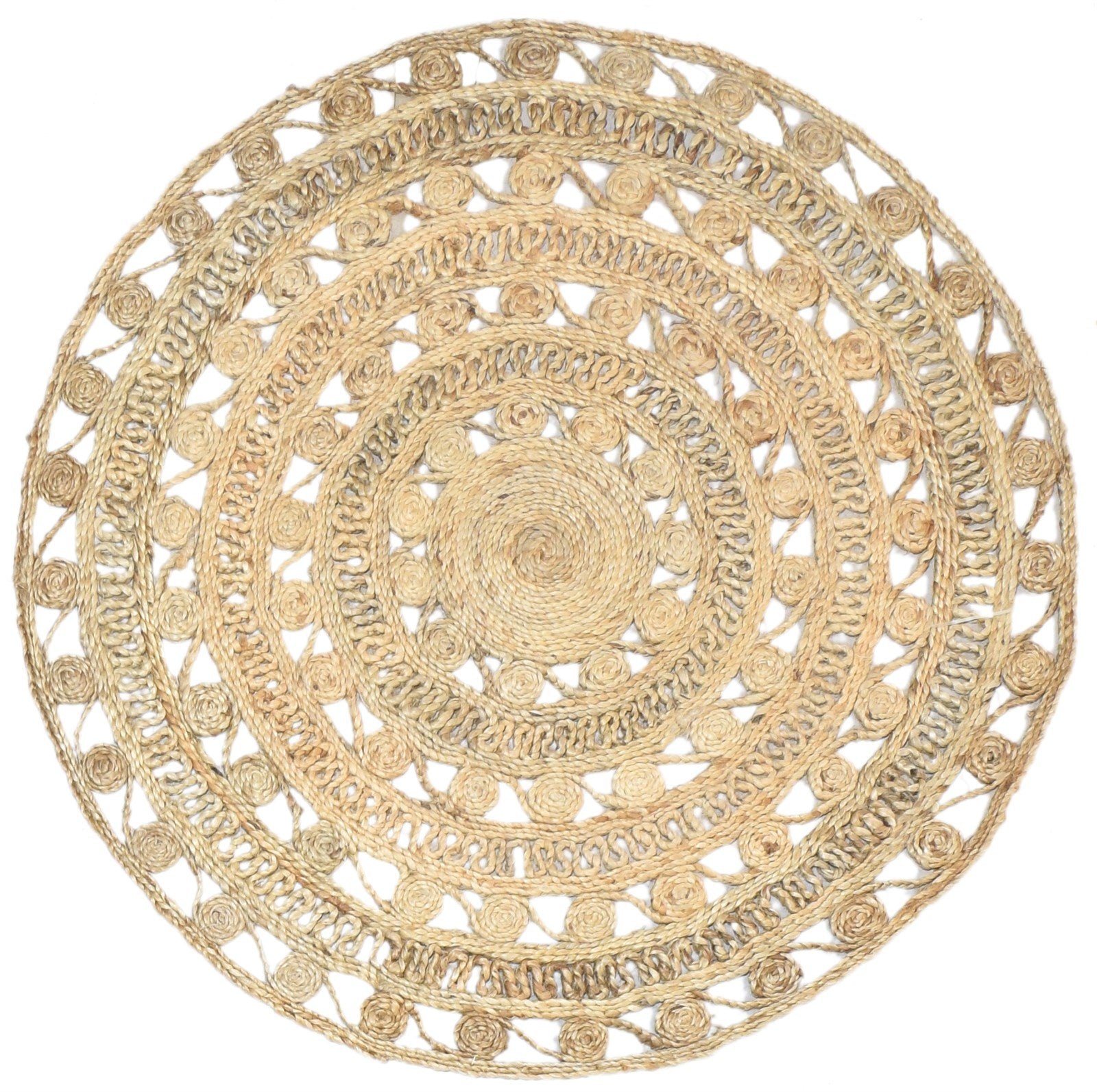 4' X 4' Rug Jute Beige Modern Hand Woven Scandinavian Circles Room Size Round   7864818958485