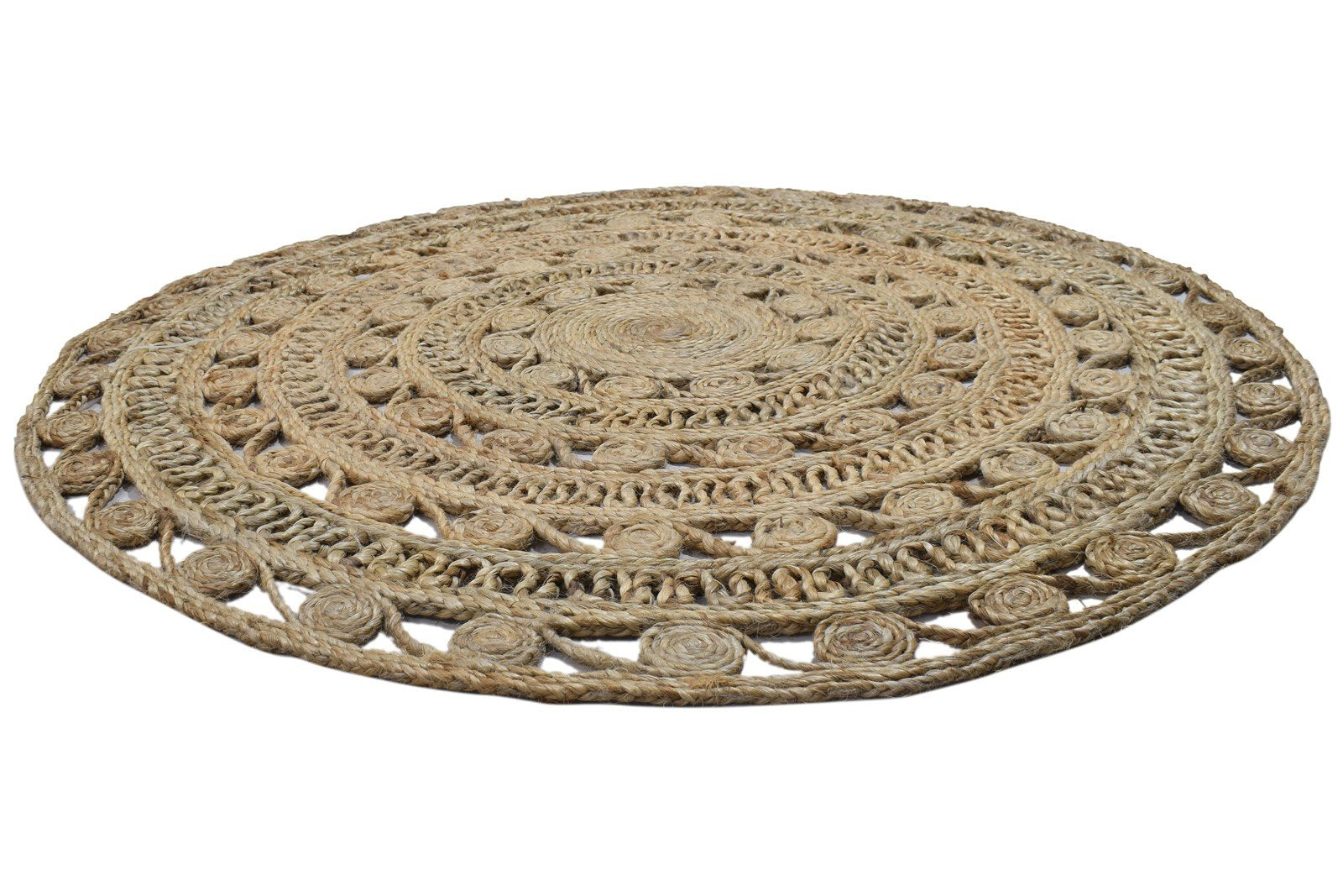 4' X 4' Rug Jute Beige Modern Hand Woven Scandinavian Circles Room Size Round   7864818958485