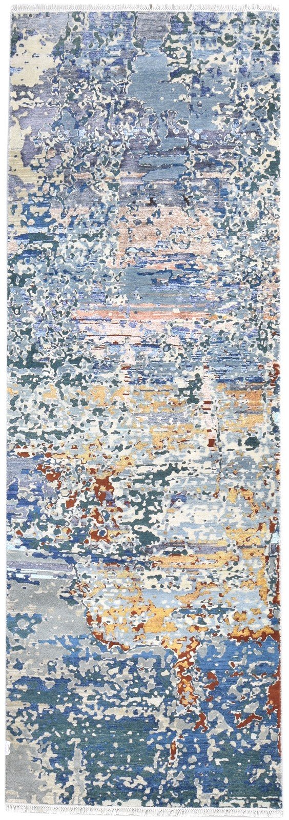 4X10 Rug Wool / Silk Blue Modern Hand Knotted Indian Abstract Room Size Runner   7864594366613