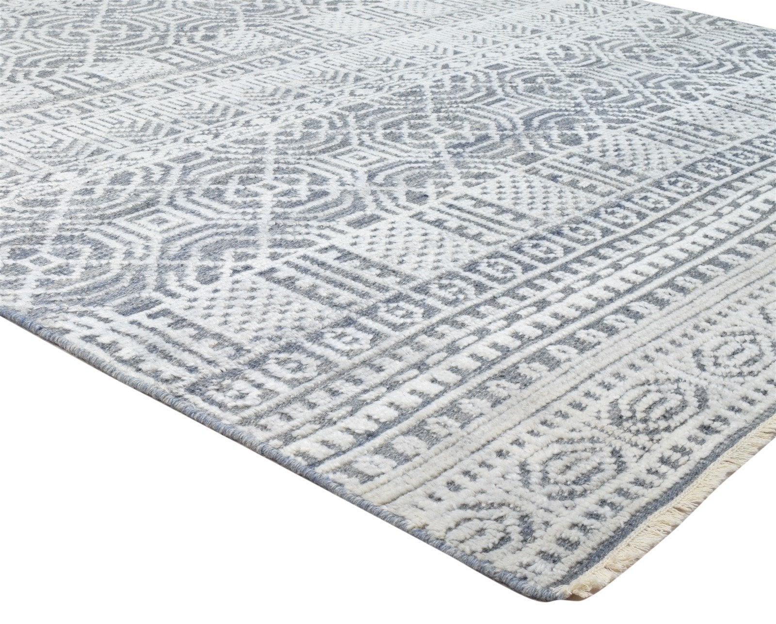 Hand Knotted Grey Wool Silk Rug 6X9 Modern Indian Geometric Room Size Carpet 