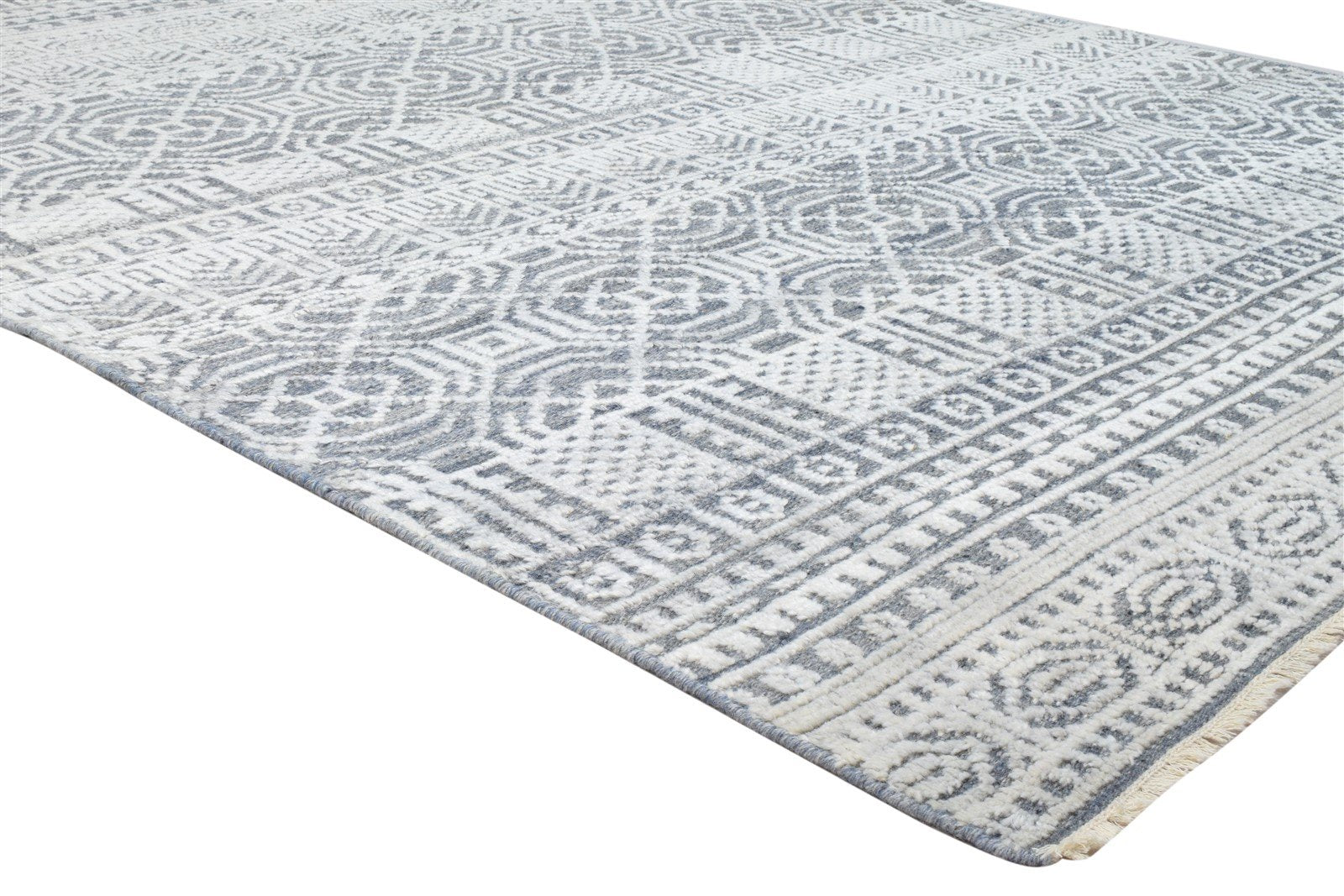 Hand Knotted Grey Wool Silk Rug 6X9 Modern Indian Geometric Room Size Carpet 