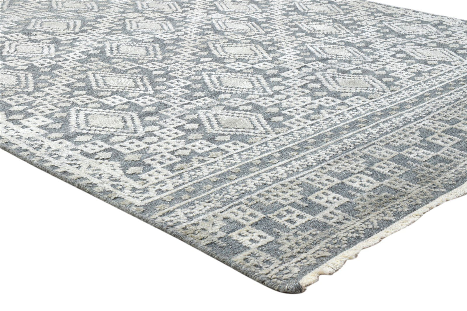 Charcoal Wool Silk Rug 6X9 Modern Hand Knotted Scandinavian Trellis Room Size 