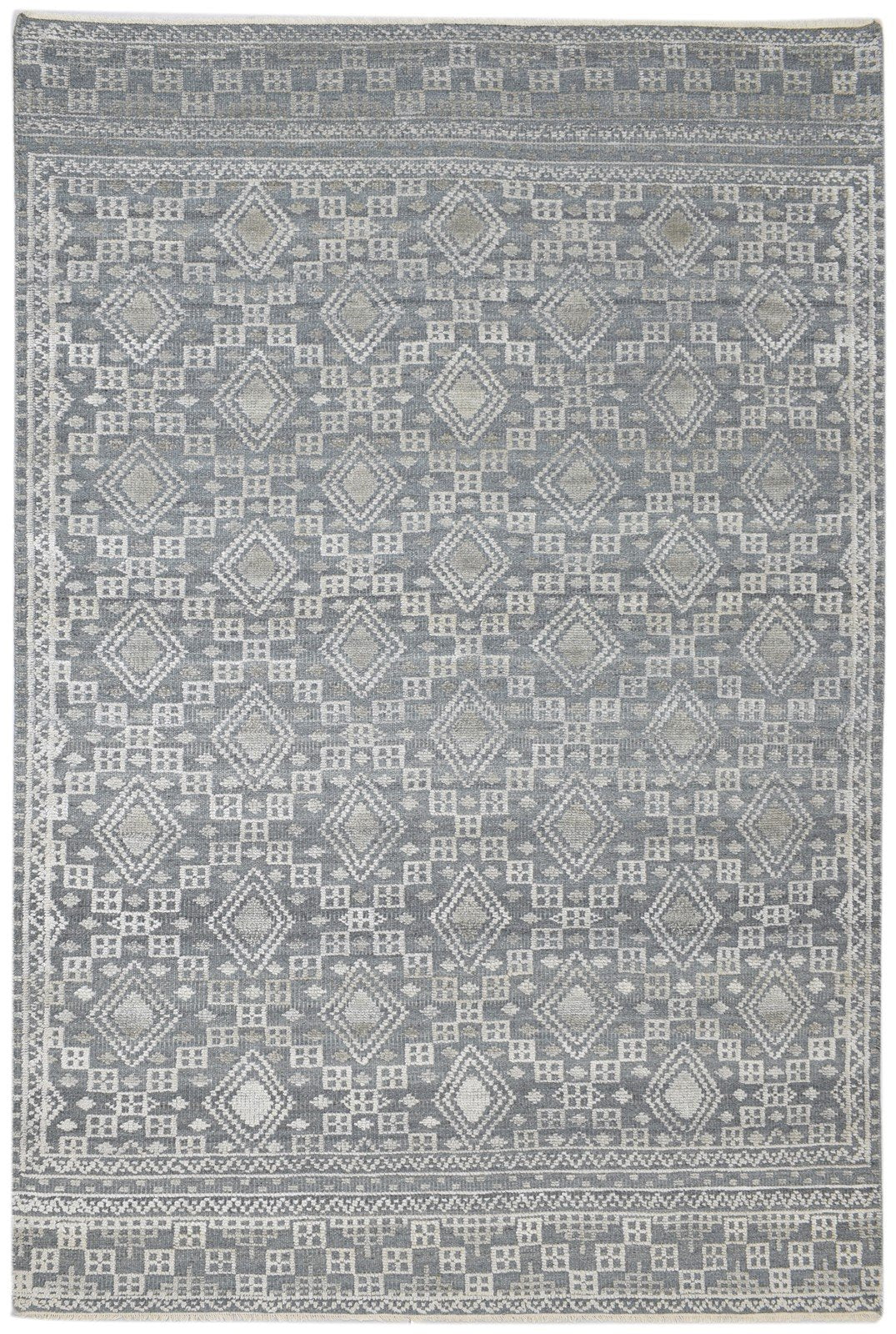 Charcoal Wool Silk Rug 6X9 Modern Hand Knotted Scandinavian Trellis Room Size 