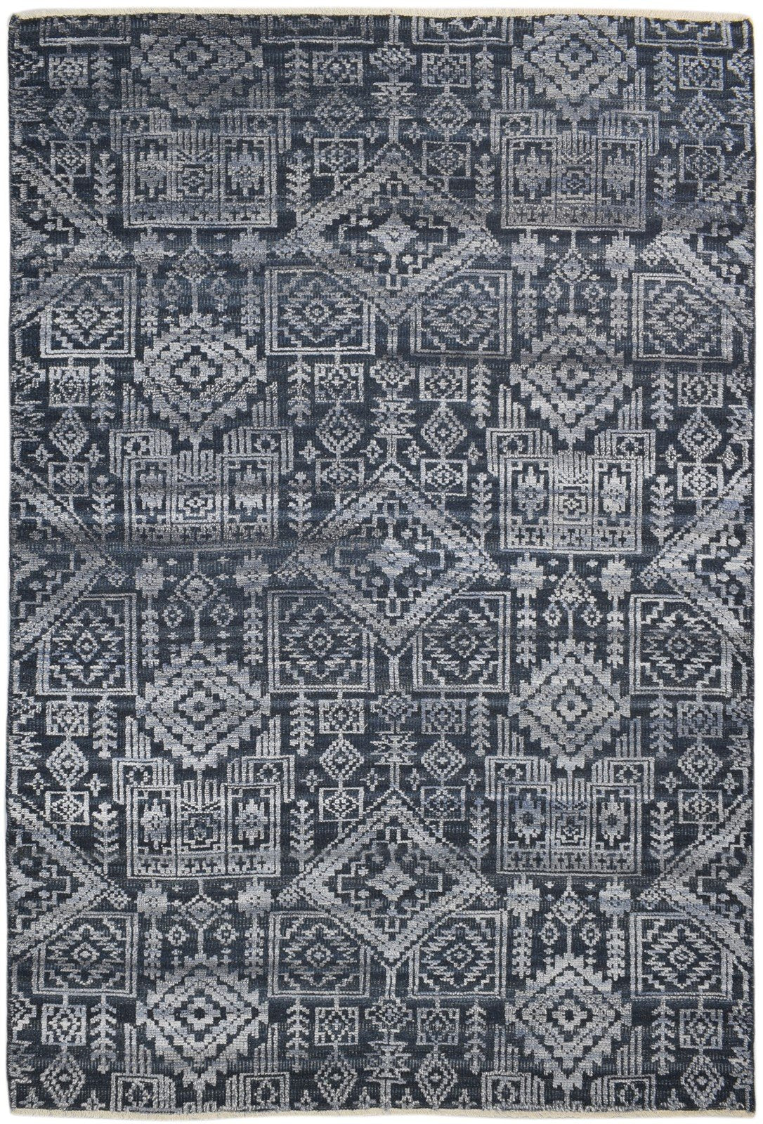 Hand Knotted Black Wool Silk Rug 6X9 Modern Scandinavian Trellis Room Size 