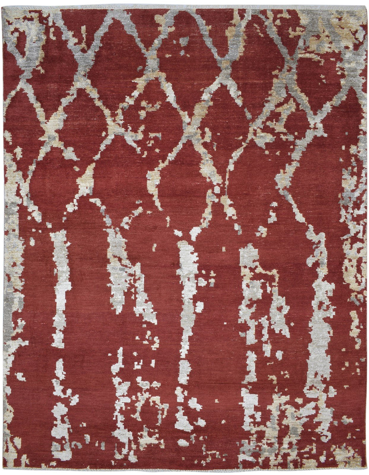 Wool / Silk Red Rug 8' X 10' Modern Hand Knotted Moroccan Trellis Large Carpet