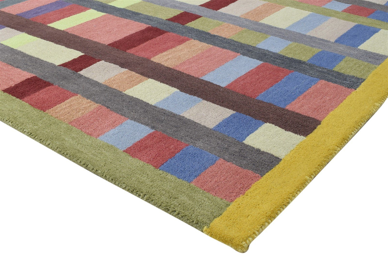 100% Wool Multi Color Rug 5X8 Modern Hand Tufted Scandinavian Grid Room Size 