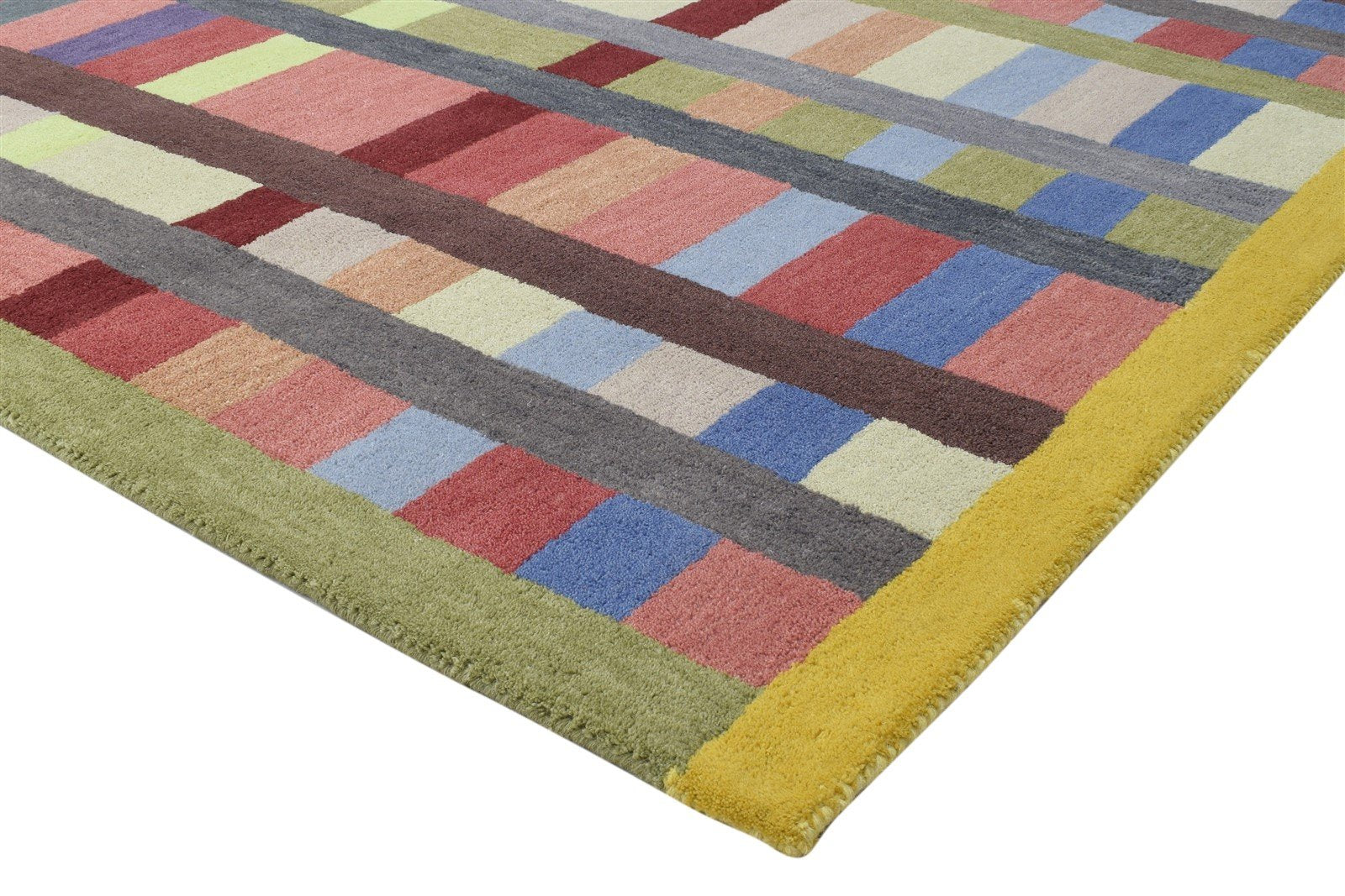 100% Wool Multi Color Rug 5X8 Modern Hand Tufted Scandinavian Grid Room Size 