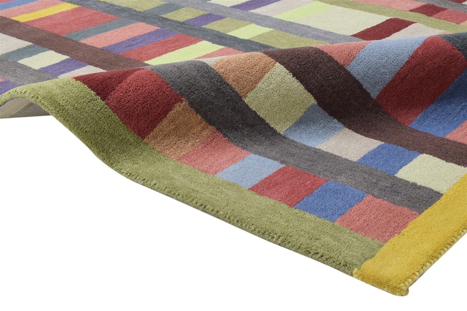 100% Wool Multi Color Rug 5X8 Modern Hand Tufted Scandinavian Grid Room Size 