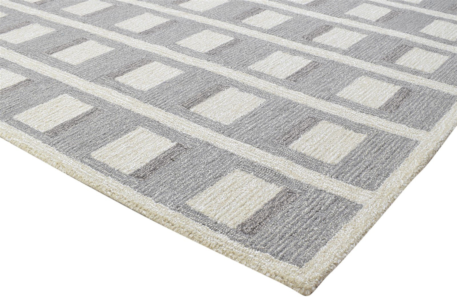 100% Wool / Art Silk Grey Rug 5X8 Modern Hand Tufted Scandinavian Grid Room Size 