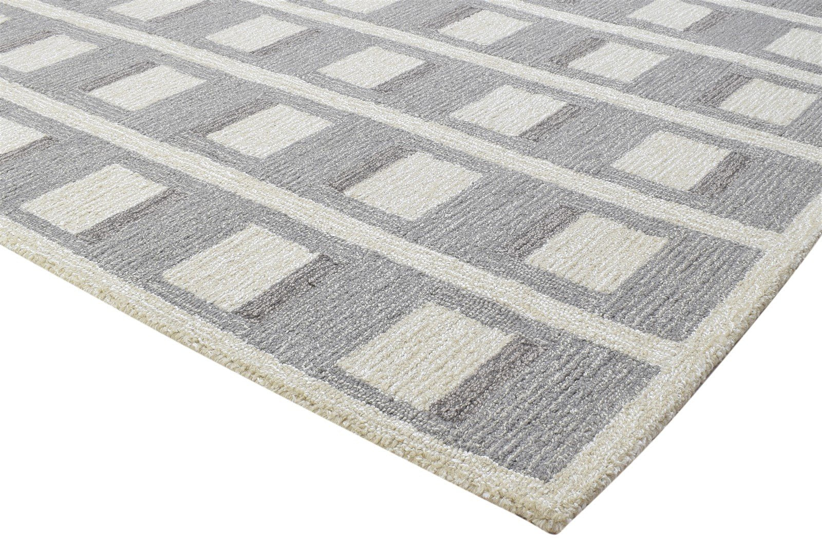 100% Wool / Art Silk Grey Rug 5X8 Modern Hand Tufted Scandinavian Grid Room Size 