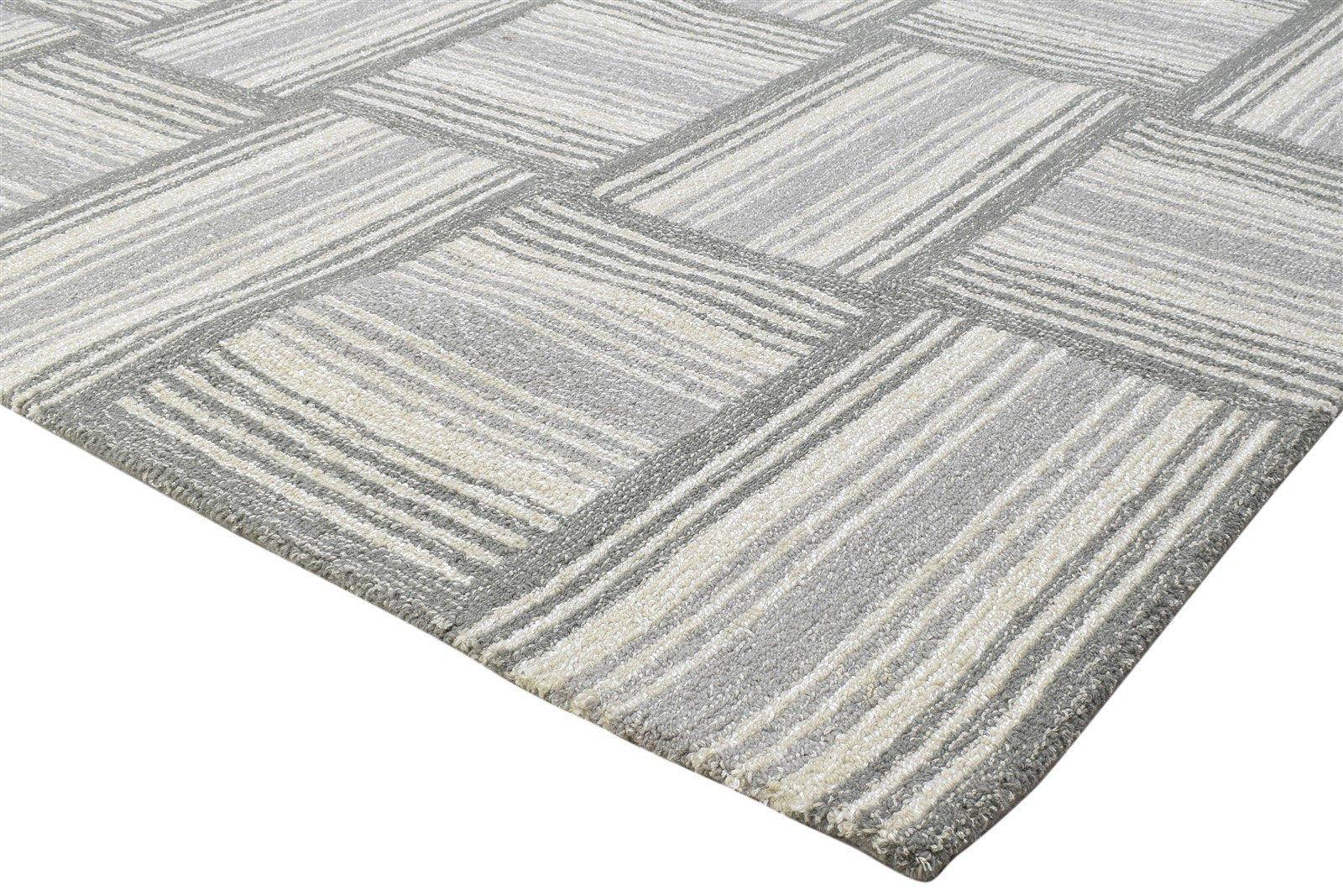 100% Wool / Art Silk Grey Rug 5X8 Modern Hand Tufted Scandinavian Plaids Room Size 