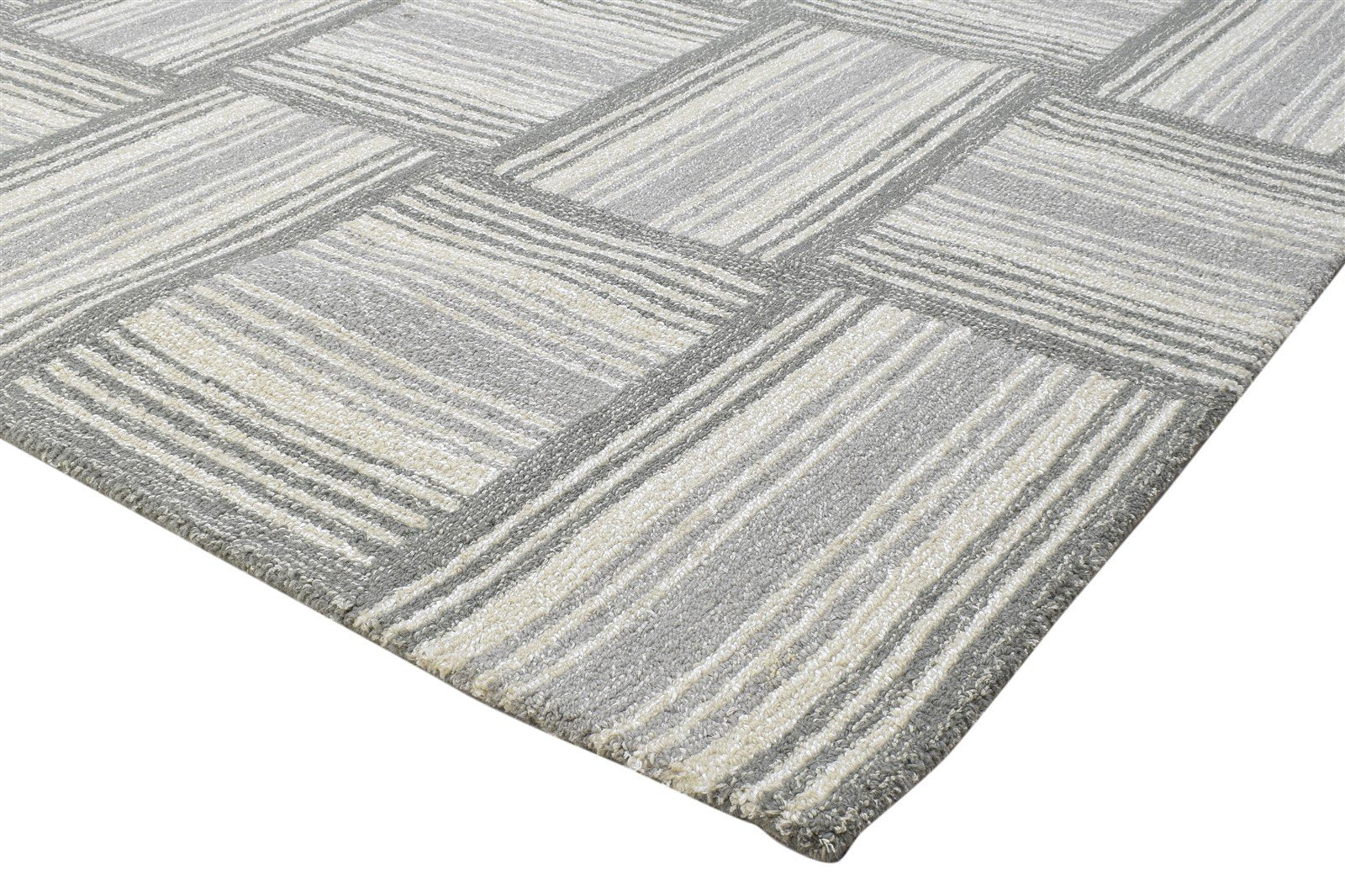 100% Wool / Art Silk Grey Rug 5X8 Modern Hand Tufted Scandinavian Plaids Room Size 