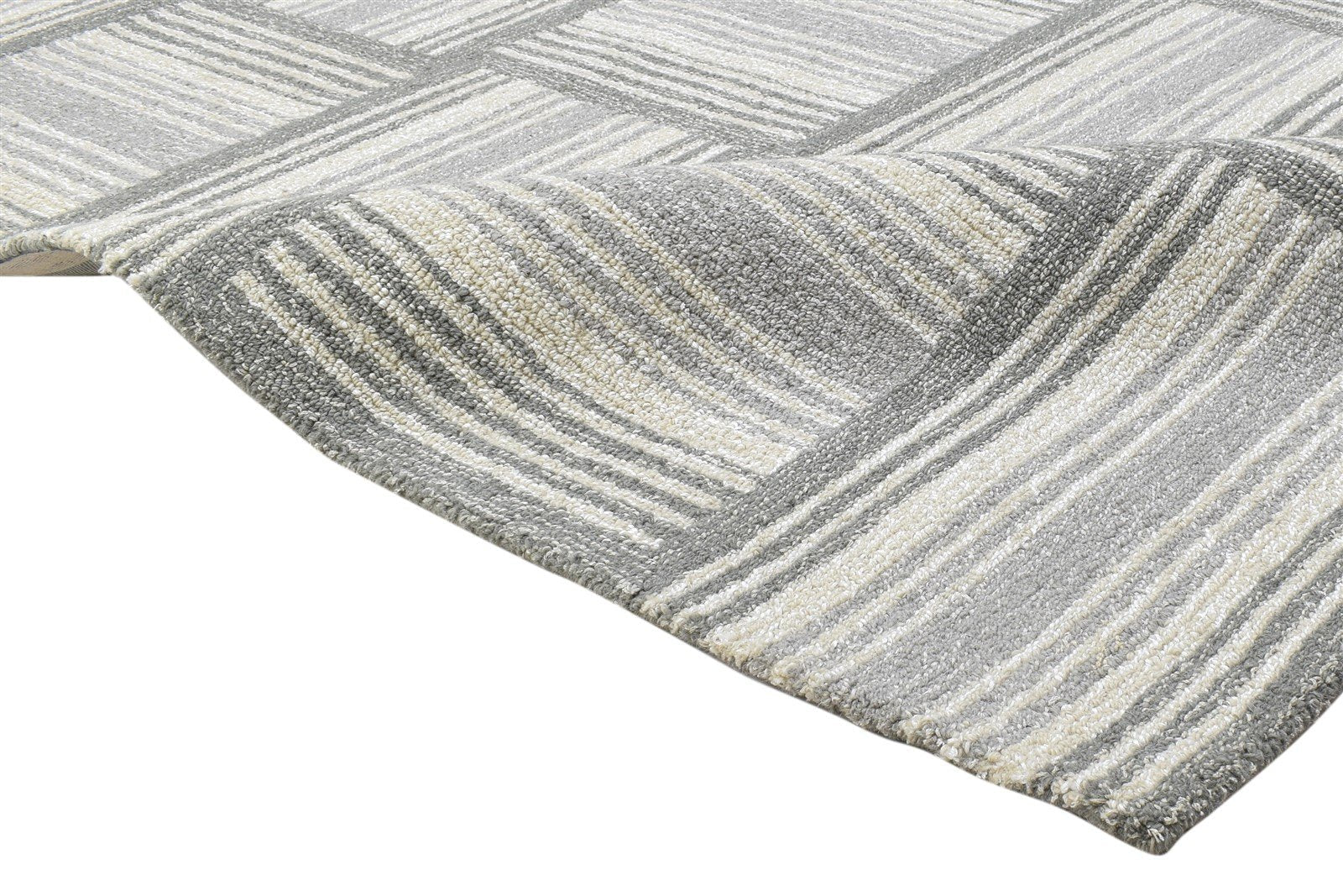 100% Wool / Art Silk Grey Rug 5X8 Modern Hand Tufted Scandinavian Plaids Room Size 