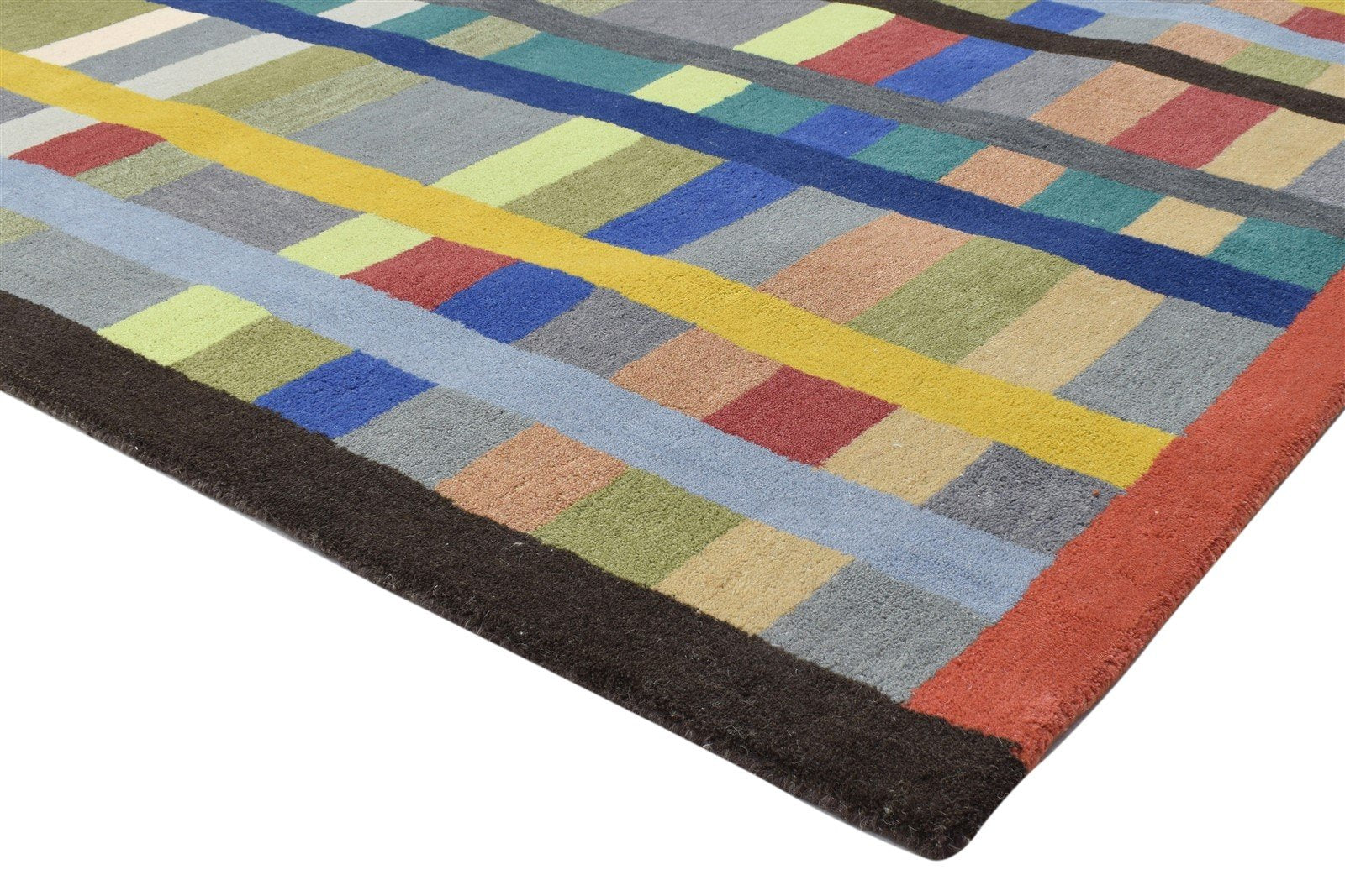 100% Wool Multi Color Rug 5X8 Modern Hand Tufted Scandinavian Grid Room Size 