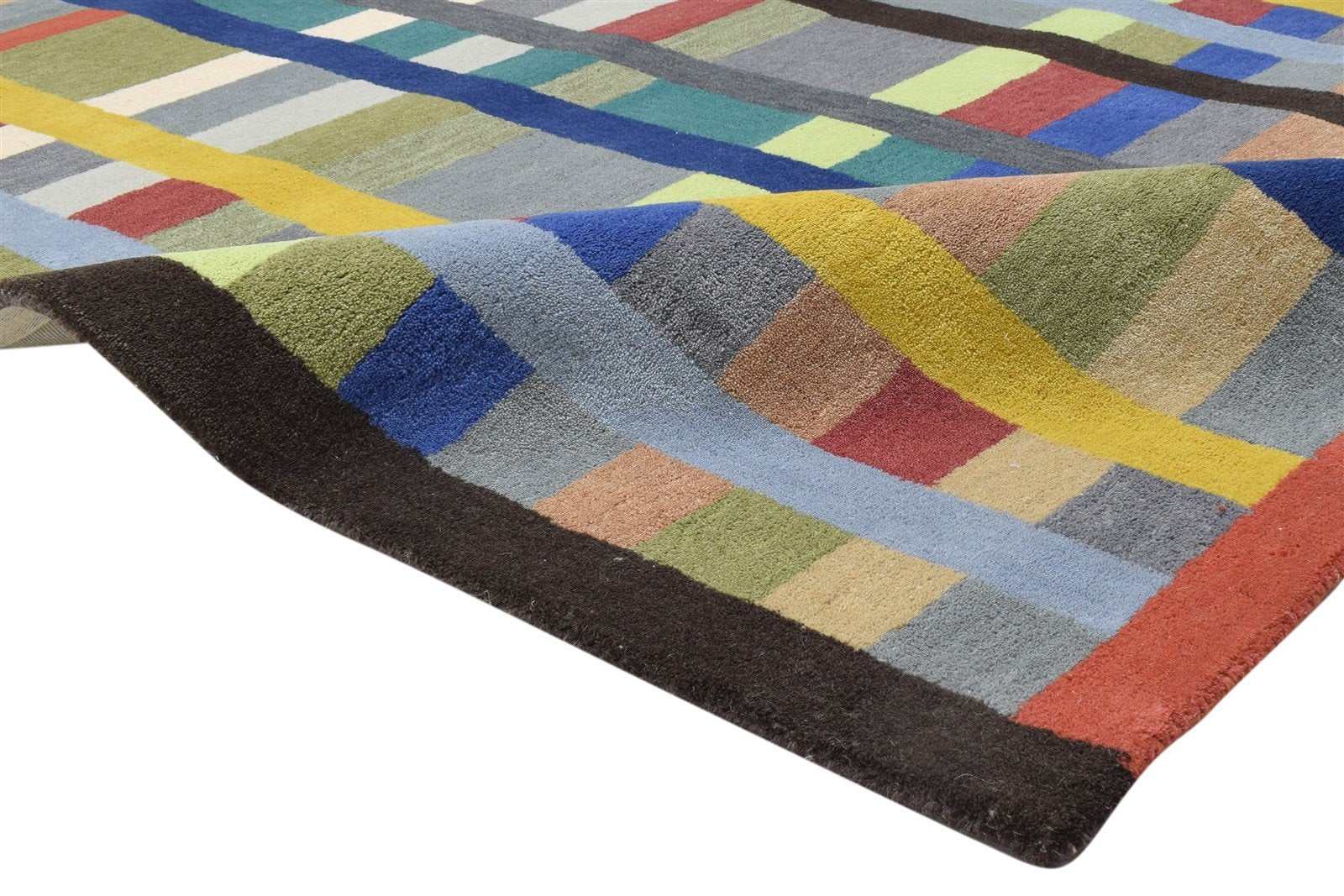 100% Wool Multi Color Rug 5X8 Modern Hand Tufted Scandinavian Grid Room Size 