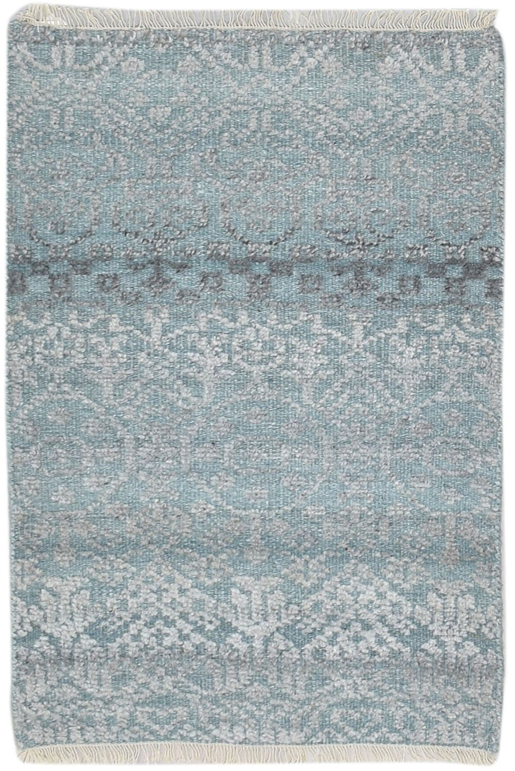 Blue Wool Silk Rug 2X3 Modern Hand Knotted Scandinavian Trellis Small Carpet