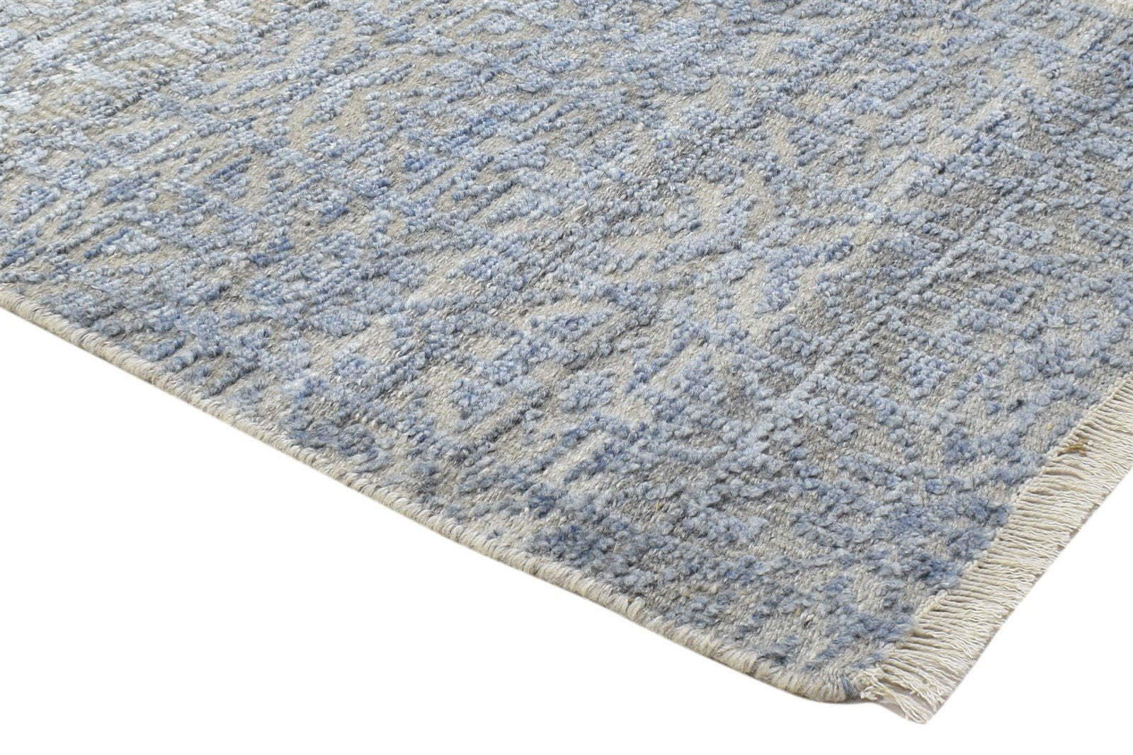 2X3 Rug Wool Silk Blue Modern Hand Knotted Scandinavian Trellis Small Carpet 