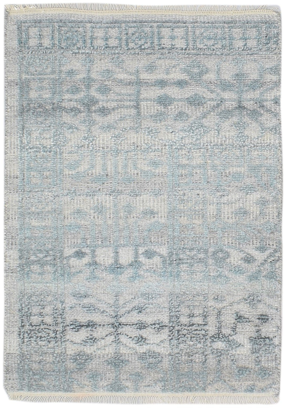 Hand Knotted Blue Wool Silk Rug 2X3 Modern Scandinavian Trellis Small Carpet 