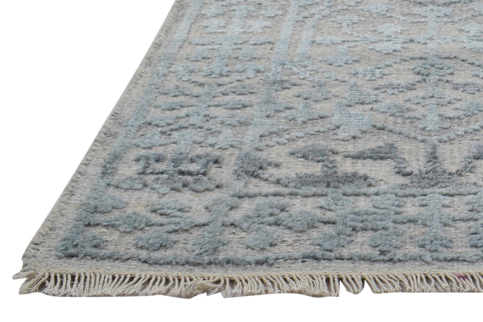 Hand Knotted Blue Wool Silk Rug 2X3 Modern Scandinavian Trellis Small Carpet 