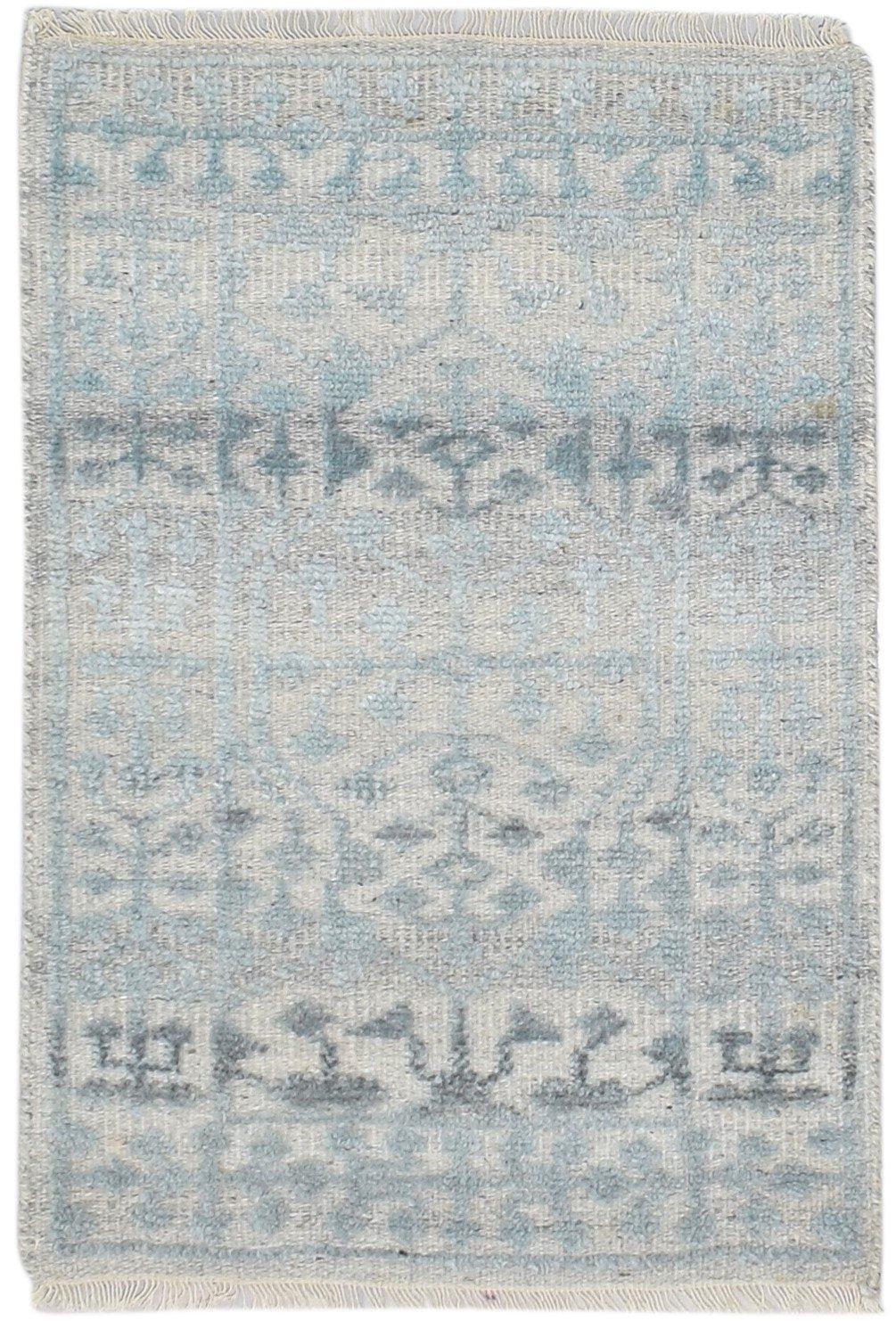 Hand Knotted Blue Wool Silk Rug 2X3 Modern Scandinavian Trellis Small Carpet 