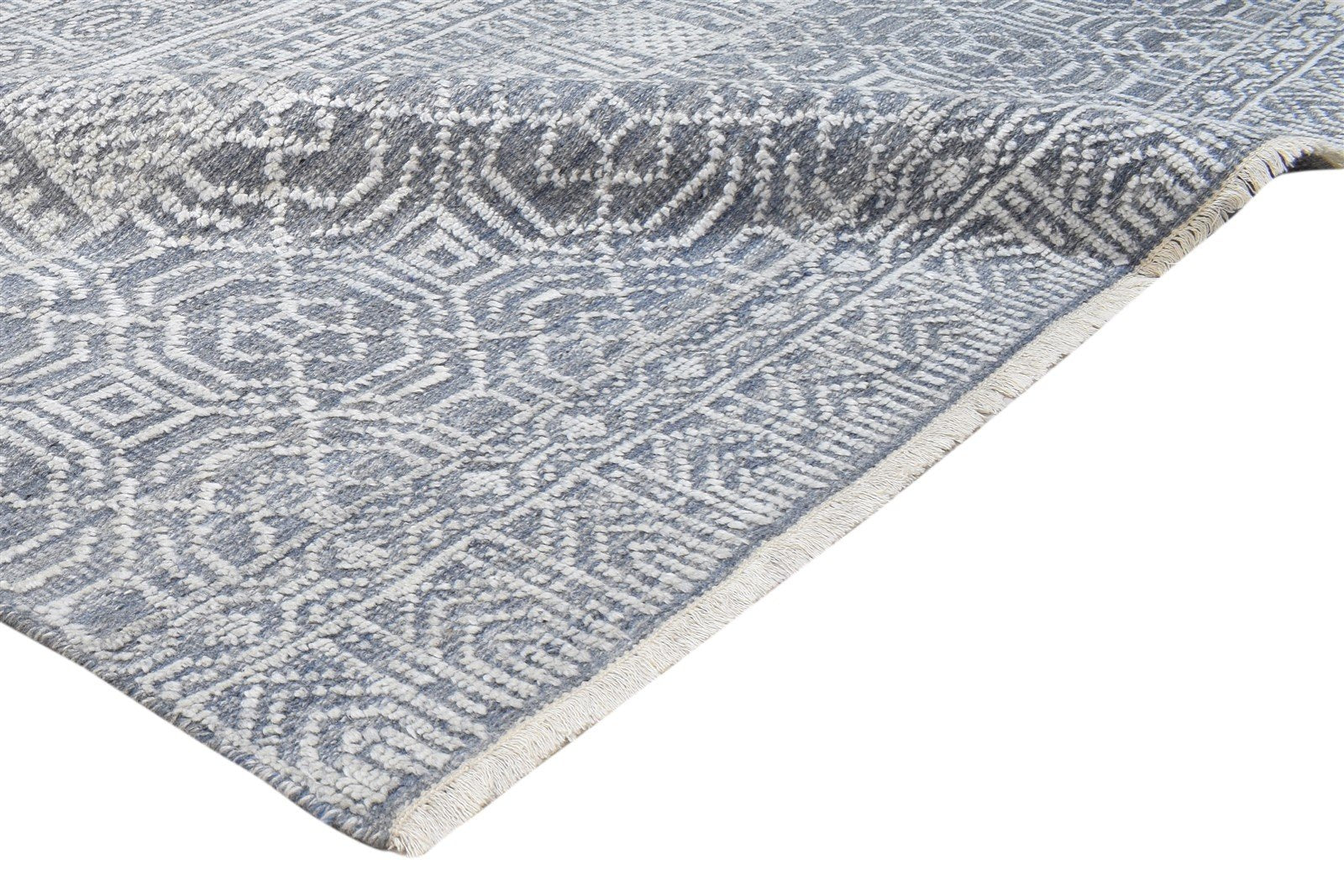 Grey Wool Silk Rug 6X9 Modern Hand Knotted Scandinavian Trellis Room Size 