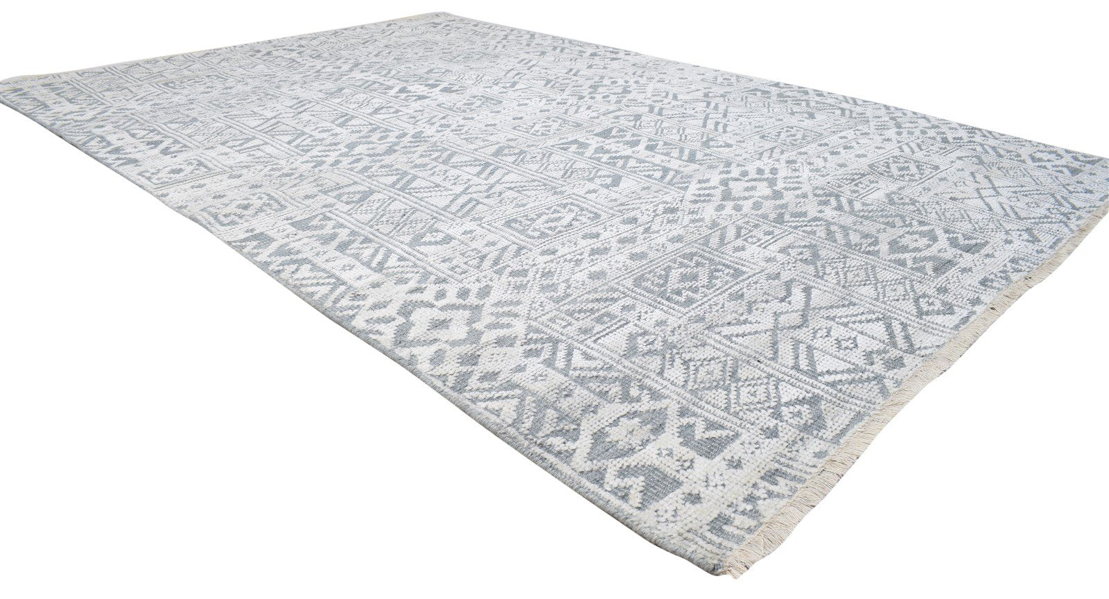 Grey Wool Silk Rug 6X9 Modern Hand Knotted Scandinavian Trellis Room Size 