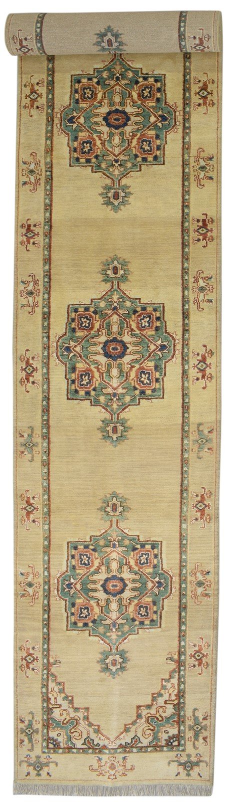 Wool / Silk Beige Rug 3X14 Persian Hand Knotted Oushak Oriental Small Runner 