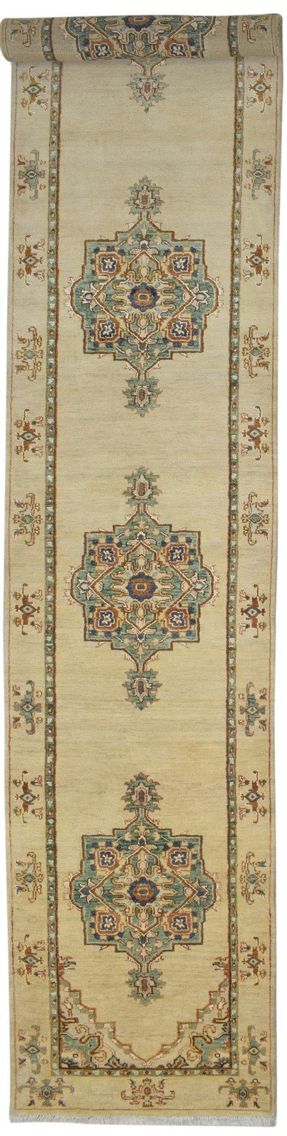 Beige Wool / Silk Rug 3X13 Persian Hand Knotted Oushak Oriental Small Runner 