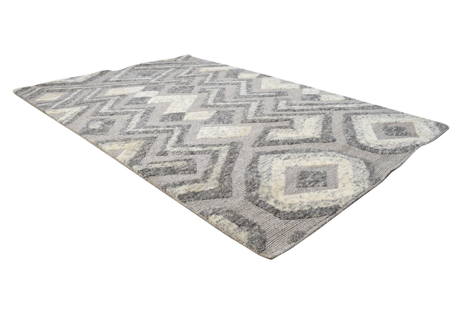 Grey Wool / Silk Rug 4X6 Shag Hand Knotted Moroccan Geometric Room Size Carpet 