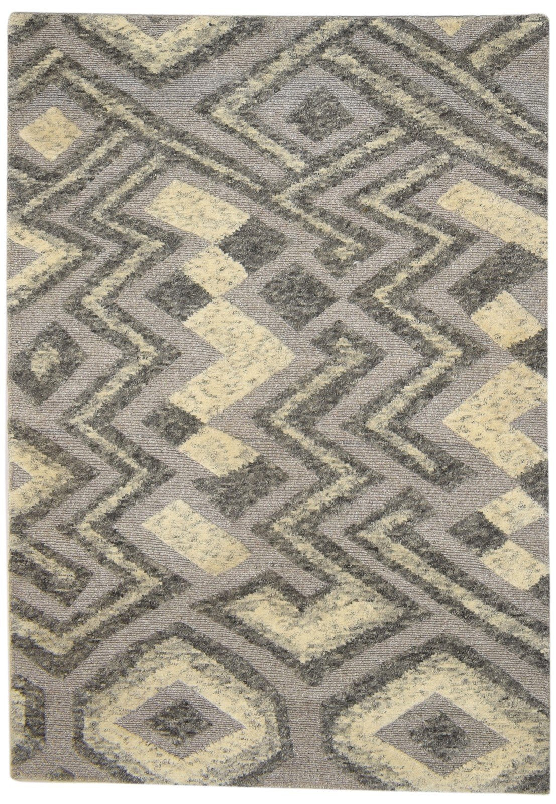 Grey Wool / Silk Rug 4X6 Shag Hand Knotted Moroccan Geometric Room Size Carpet 