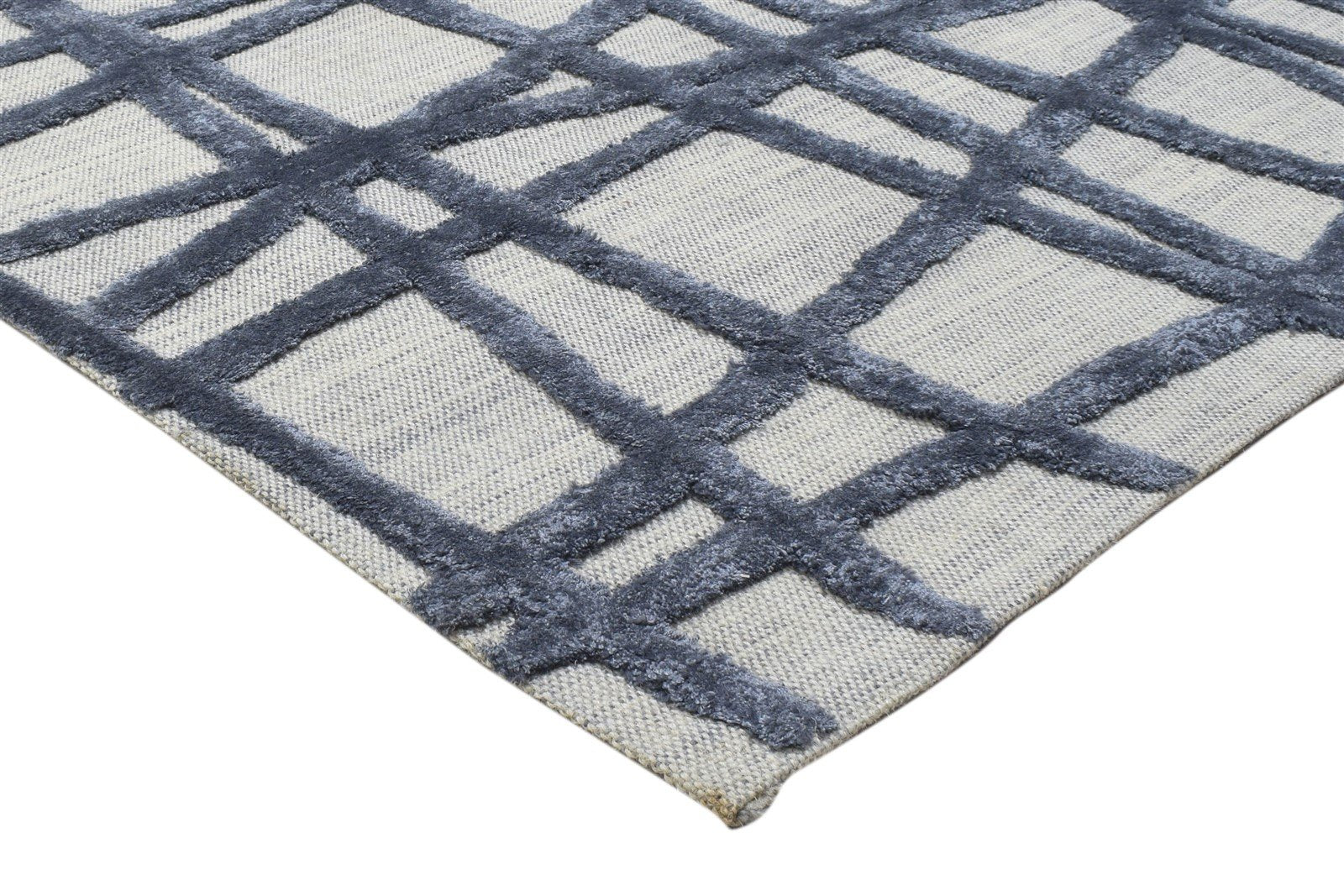 Wool / Silk Blue Rug 5X8 Modern Hand Tufted Scandinavian Geometric Room Size 