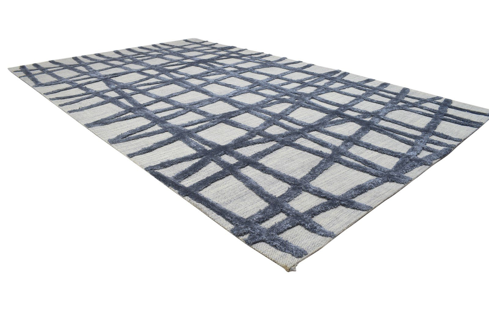 Wool / Silk Blue Rug 5X8 Modern Hand Tufted Scandinavian Geometric Room Size 