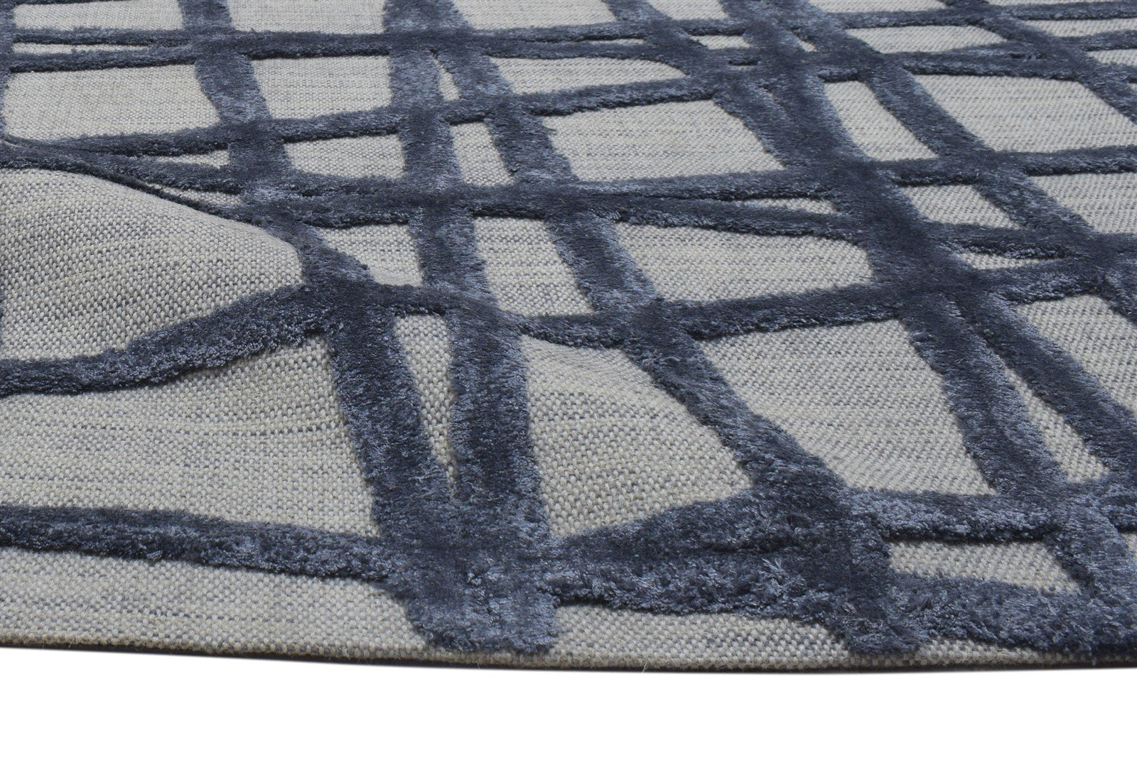 Wool / Silk Blue Rug 5X8 Modern Hand Tufted Scandinavian Geometric Room Size 