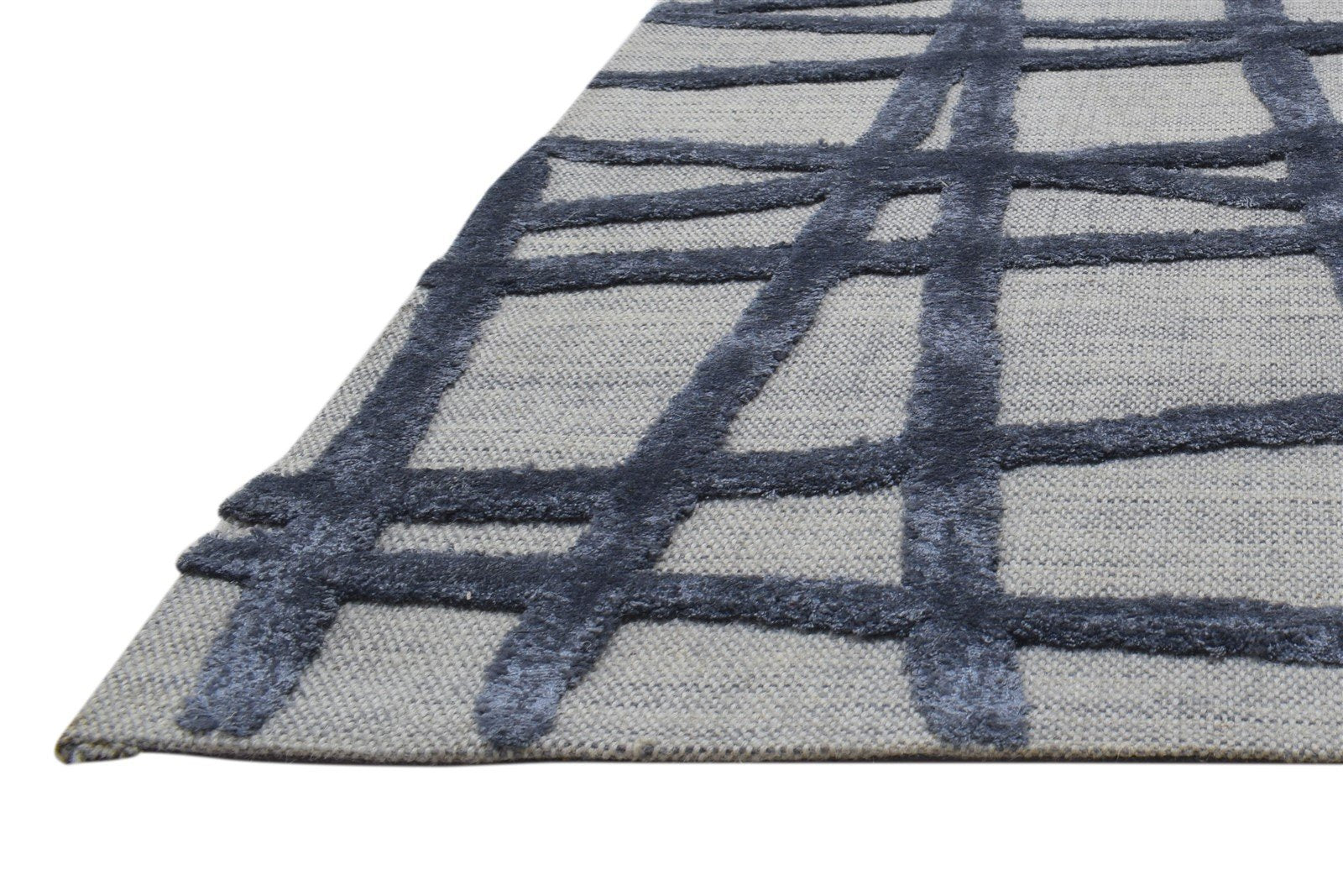 Wool / Silk Blue Rug 5X8 Modern Hand Tufted Scandinavian Geometric Room Size