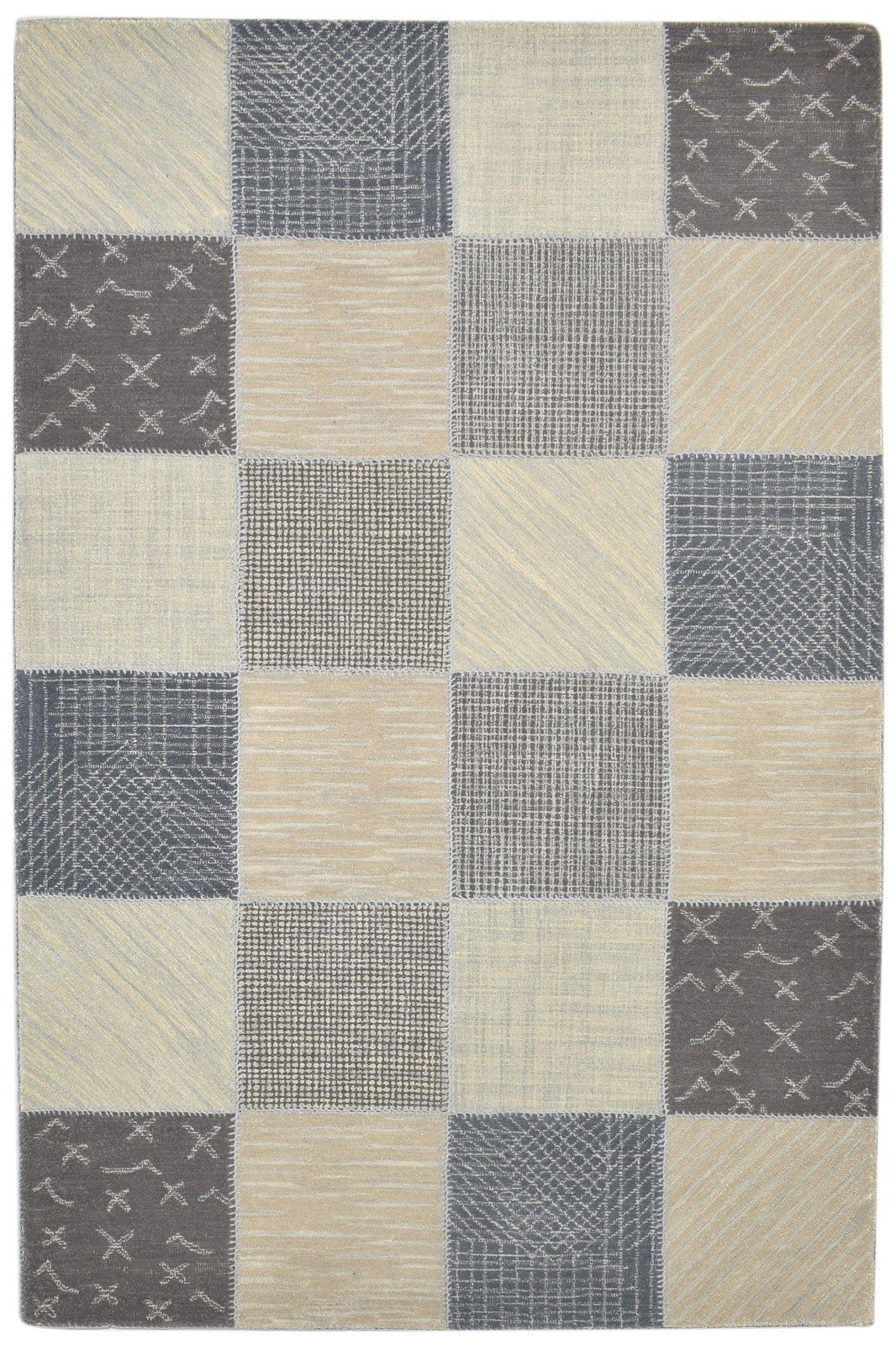 Hand Tufted Beige Wool Rug 5' X 8' Modern Scandinavian Grid Room Size Carpet