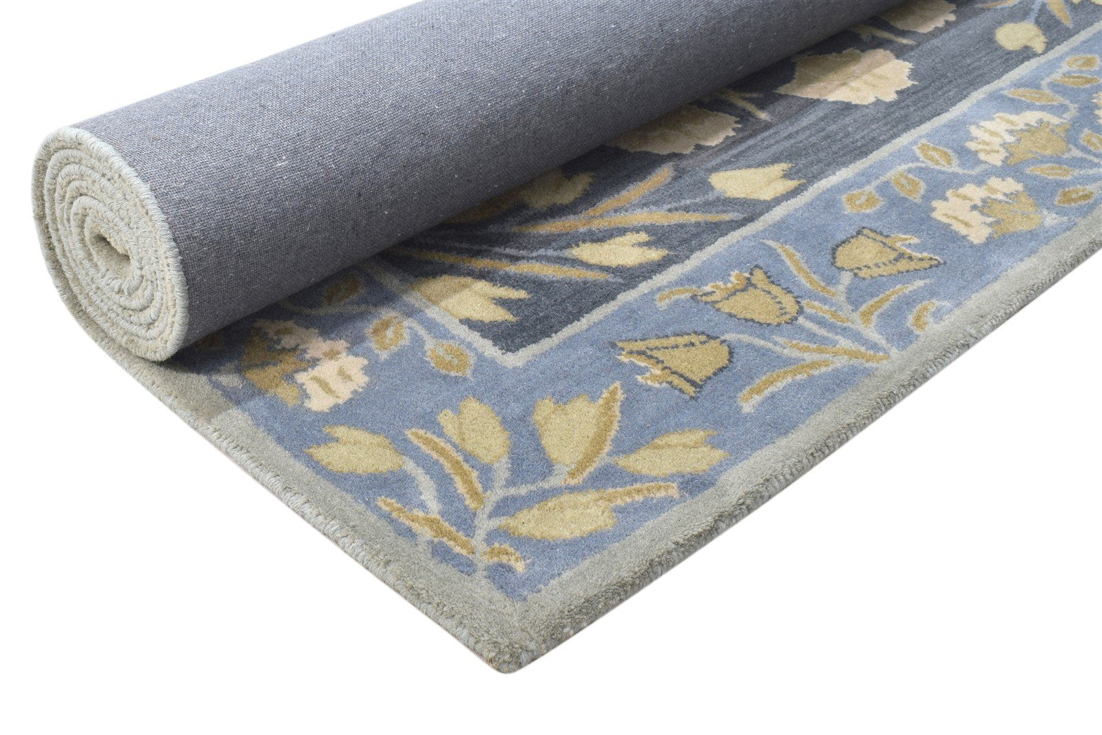 Blue Wool Rug 5' X 8' Modern Hand Tufted French Floral Room Size Carpet  Area Rug 