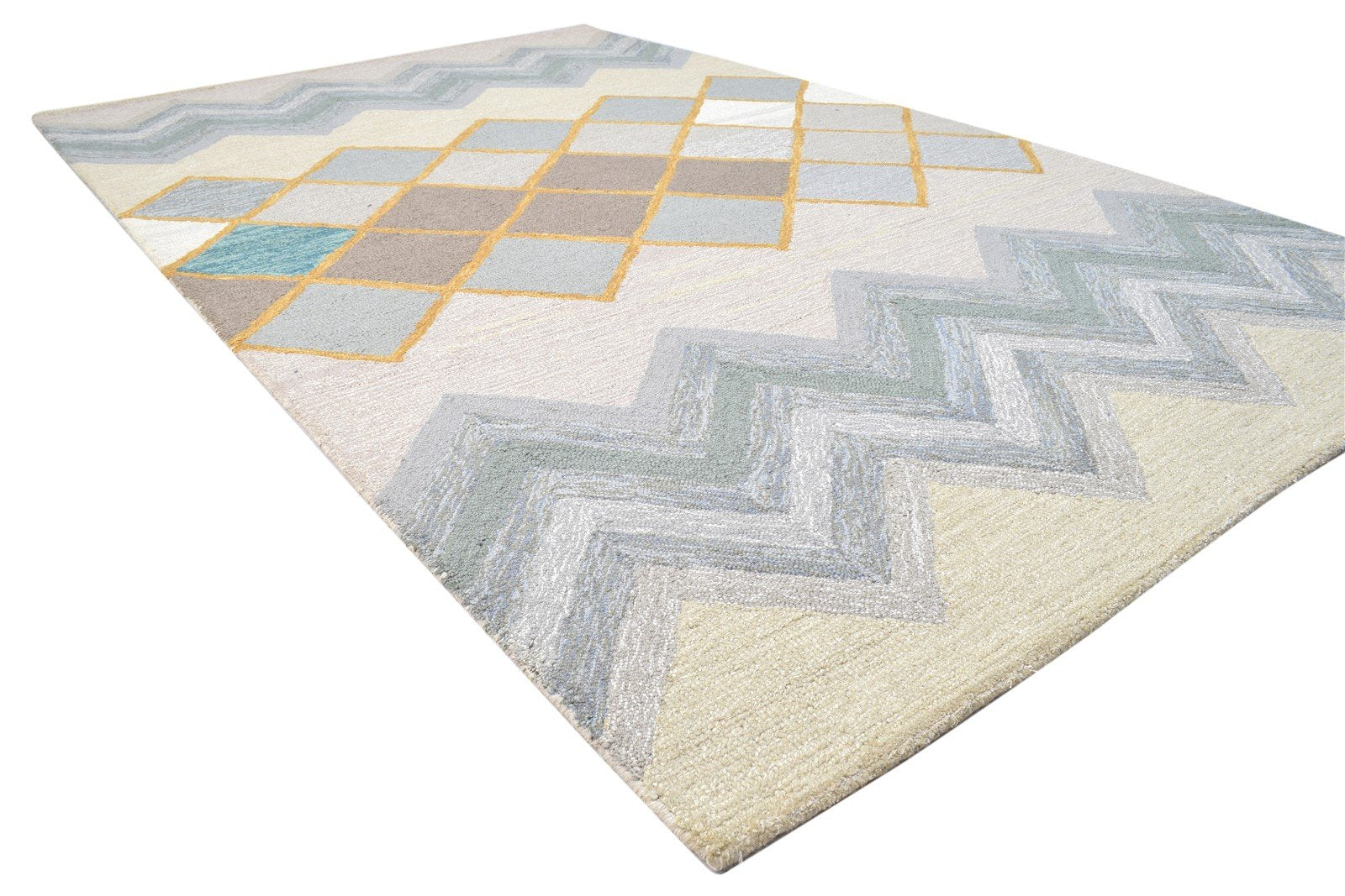 Hand Tufted Beige Wool Rug 5' X 8' Modern Scandinavian Chevron Room Size Carpet 