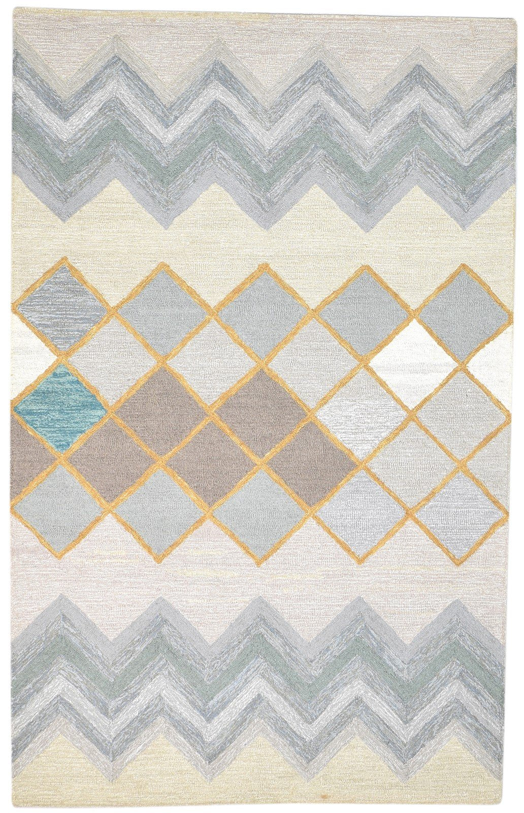 Hand Tufted Beige Wool Rug 5' X 8' Modern Scandinavian Chevron Room Size Carpet 