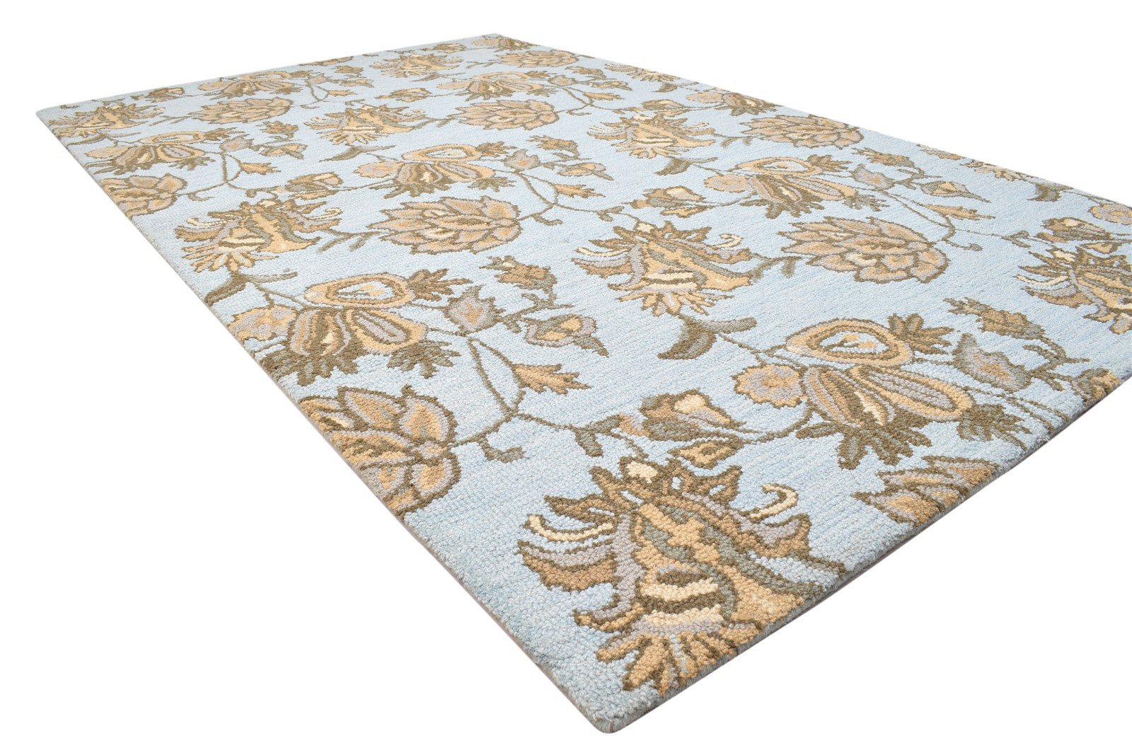 Wool Blue Rug 5' X 8' Modern Hand Tufted French Floral Room Size Carpet 