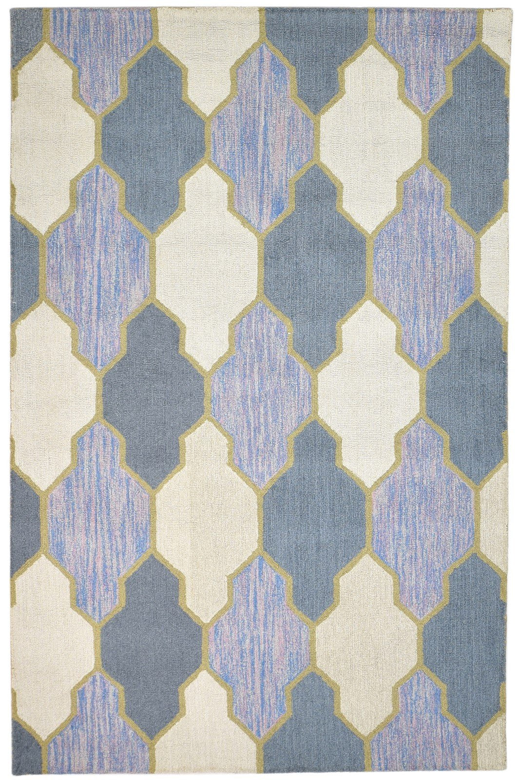 Blue Wool Rug 5' X 8' Modern Hand Tufted Scandinavian Trellis Room Size Carpet 