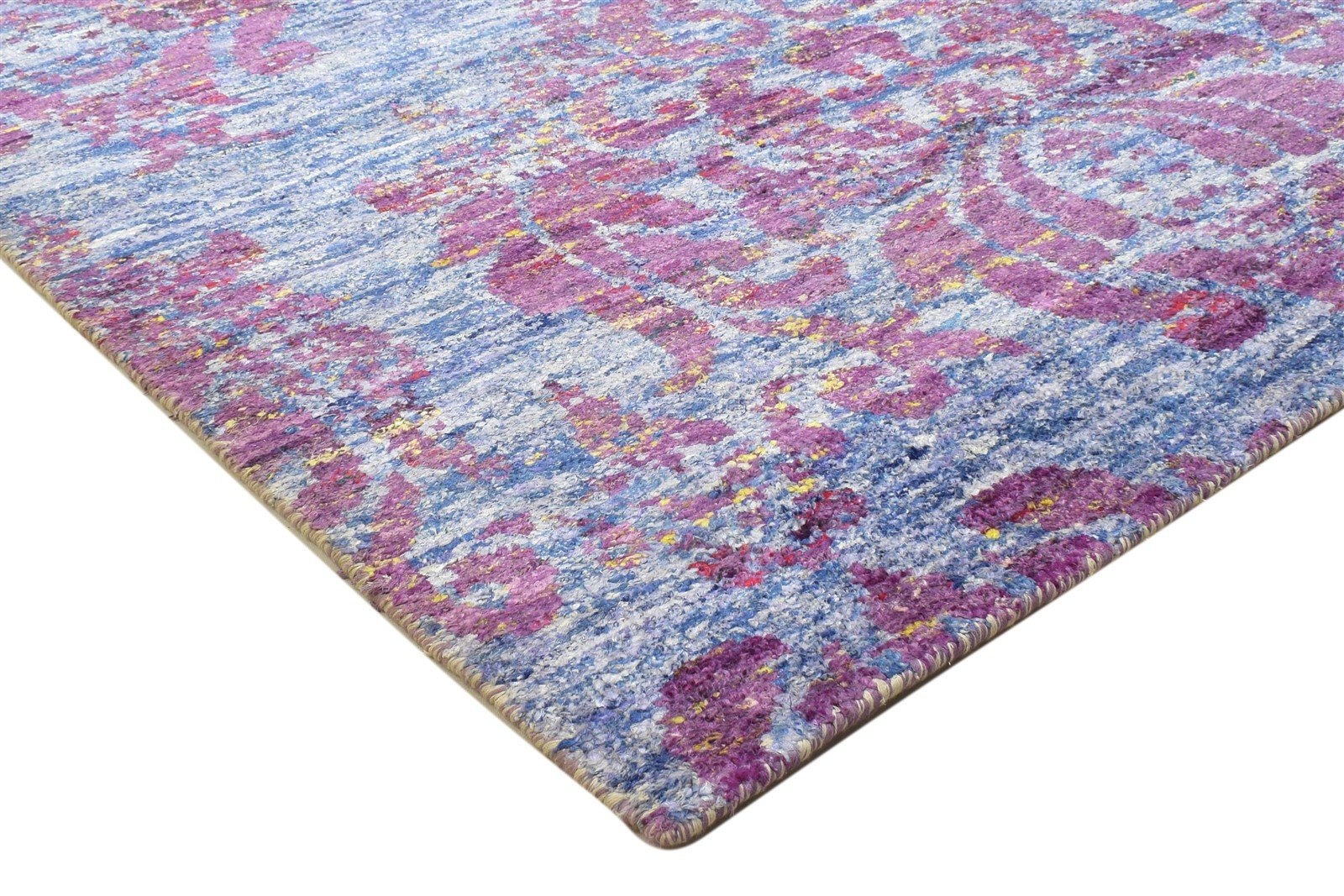 Hand Knotted Blue Silk Rug 5' X 8' Modern Bohemian Damask Room Size Carpet 