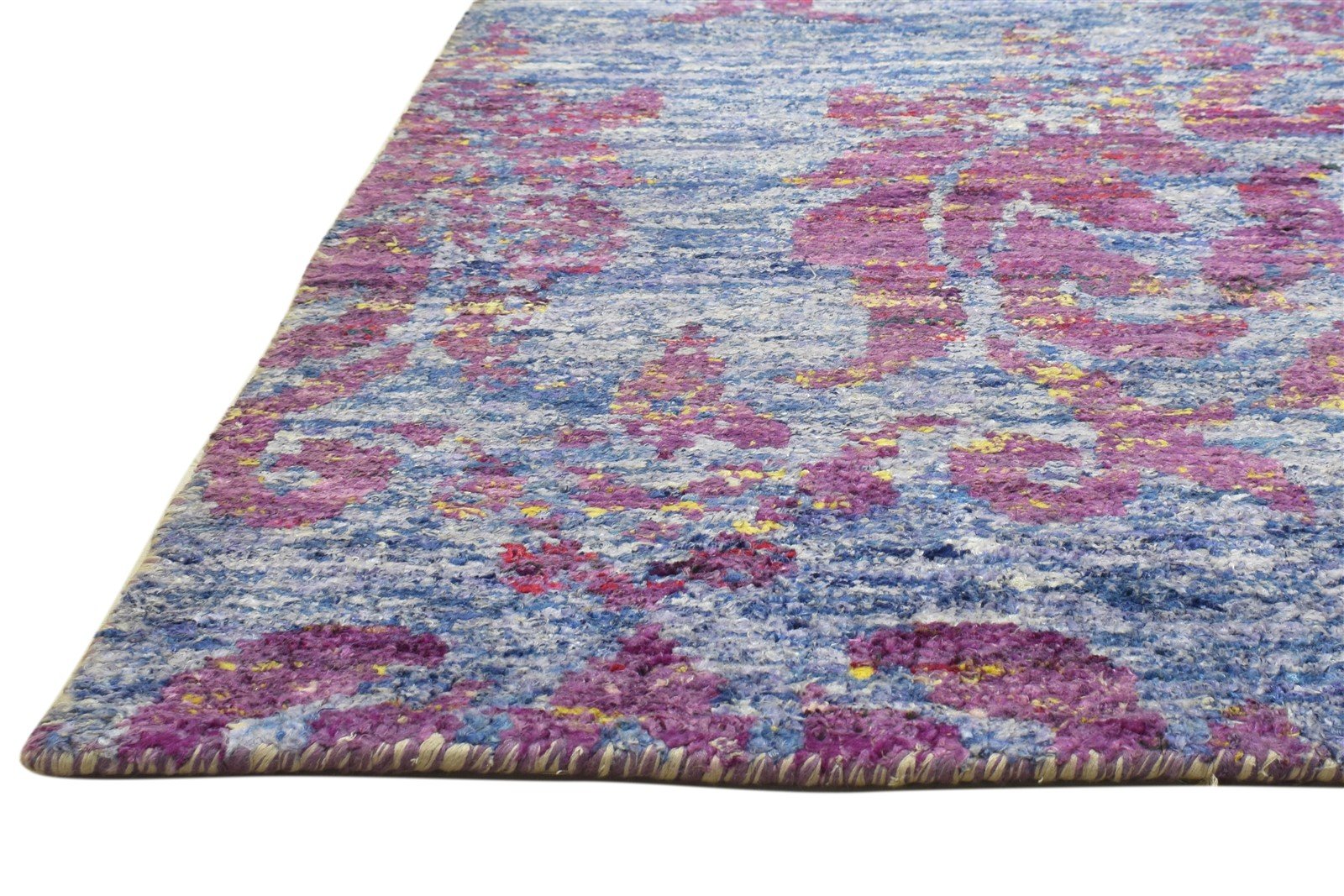 Hand Knotted Blue Silk Rug 5' X 8' Modern Bohemian Damask Room Size Carpet 