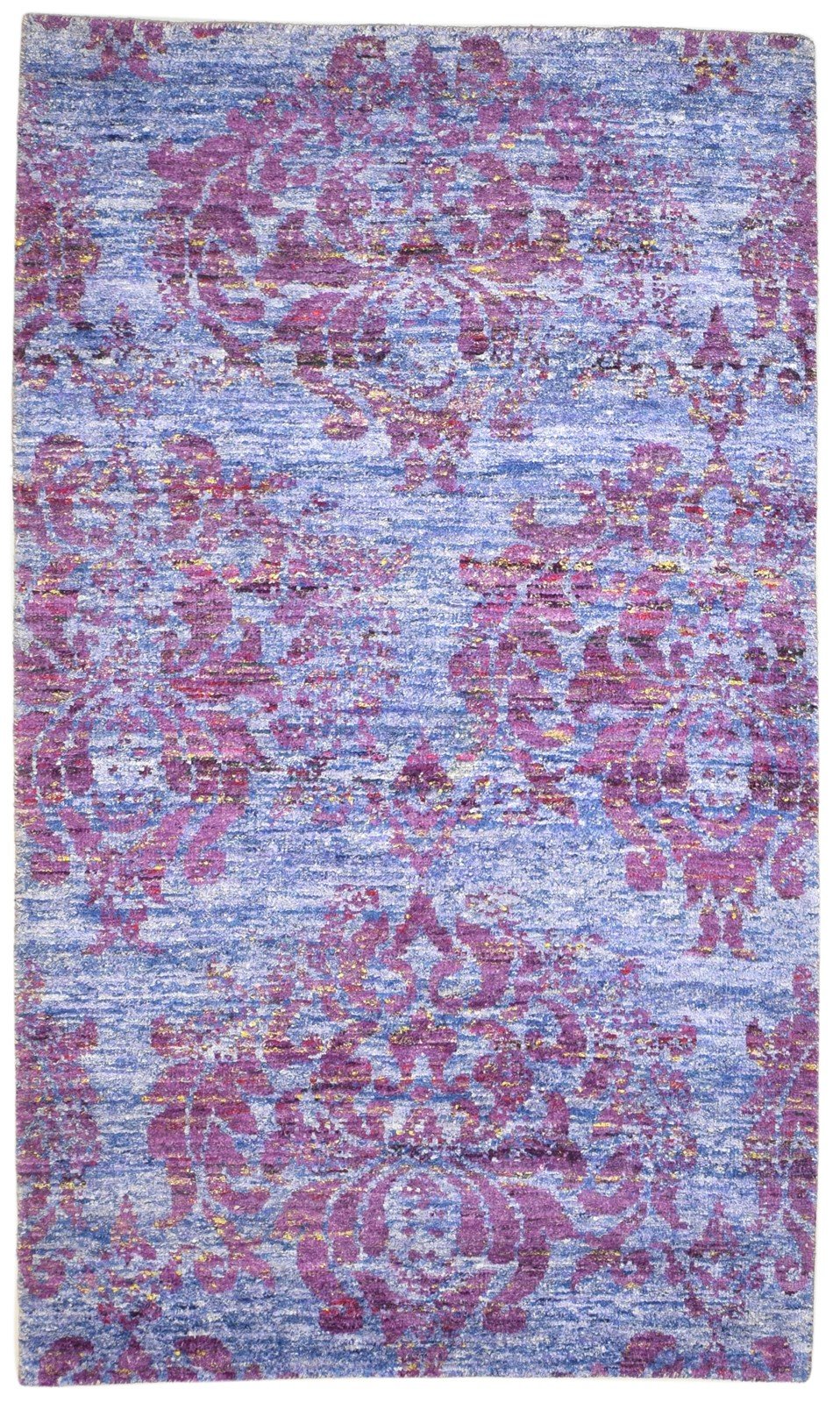 Hand Knotted Blue Silk Rug 5' X 8' Modern Bohemian Damask Room Size Carpet 